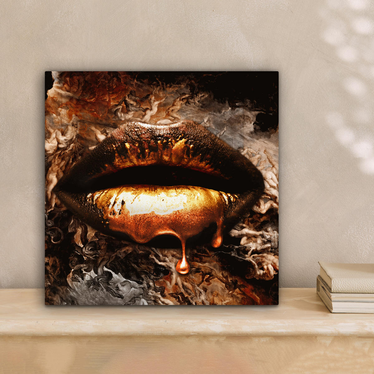 LEINWANDBILD Gold - Lippen - Kunst - Gold - Luxus - Abstrakt 20x20 cm - Kupferfarben, Textil (20/20cm) - MuchoWow