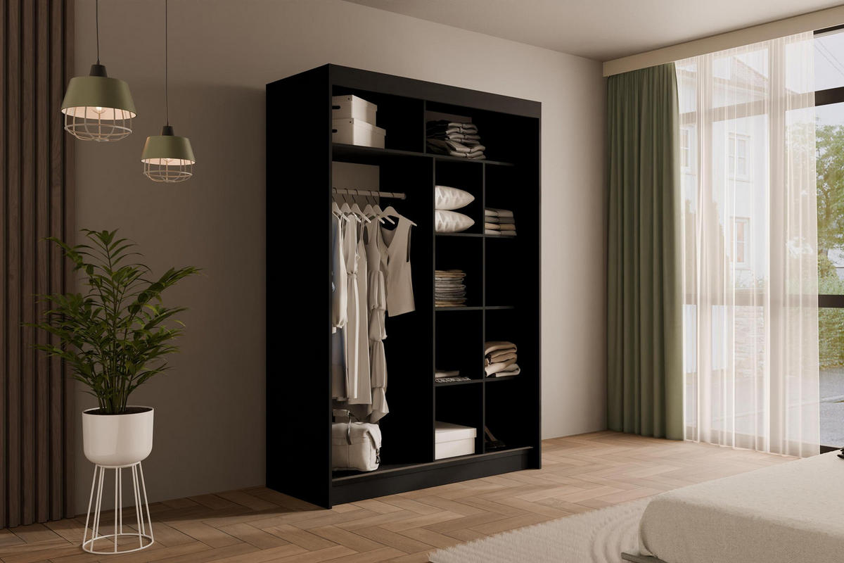 KLEIDERSCHRANK mit Lamel-Schiebetüren VILANv2 - 150 cm Schwarz + Lamelle Eiche Wotan - Eiche Wotan/Schwarz, Holzwerkstoff (150/215/61cm) - ALTDECOR