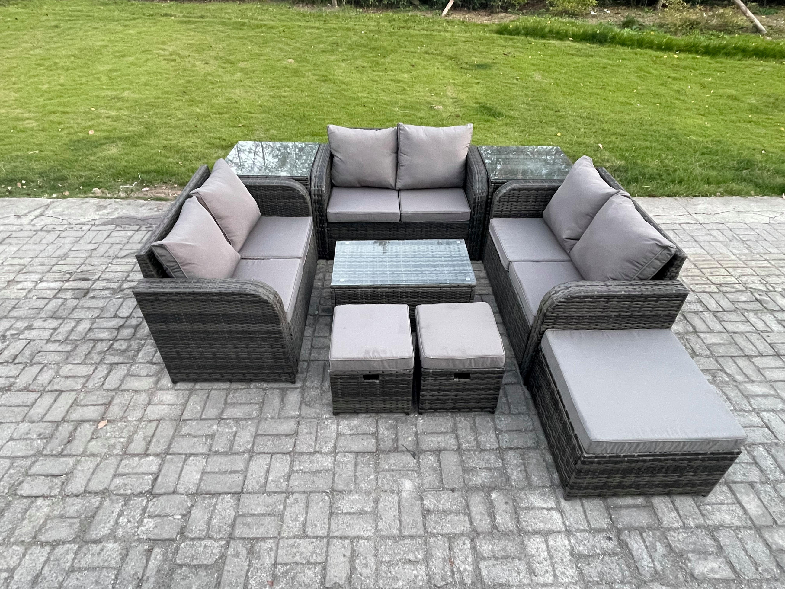 GARTENMÖBELGARNITUR mit KISSEN Polyrattan Dunkelgrau 9-Sitzer - Dunkelgrau/Grau, Glas/Kunststoff - Fimous