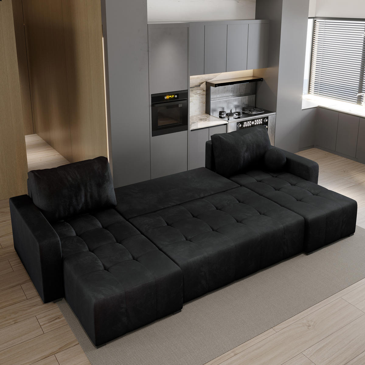 WOHNLANDSCHAFT TOLARI Schwarz Plüsch-Stoff mit Schlaffunktion - Schwarz, Holz (295/85/140cm) - MASSENO