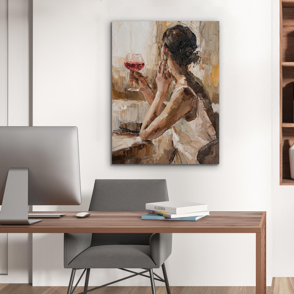 KOVOVÝ OBRAZ Olejomaľba - Žena - Víno 60x80 cm - svetlohnedá, kov (60/80cm) - MuchoWow