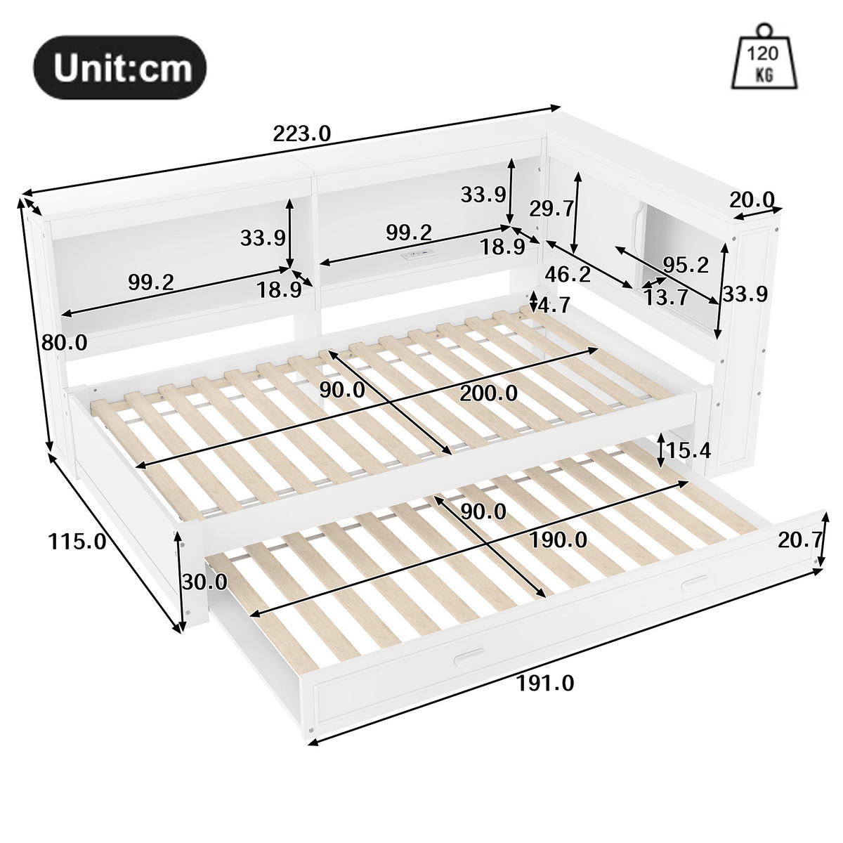 AUSZIEHBETT 90/200 cm DE-04990, mit LED, Steckdose, USB+Typ-C in Weiß - Weiß, Holz/Holzwerkstoff (90/200cm) - ComfortXL