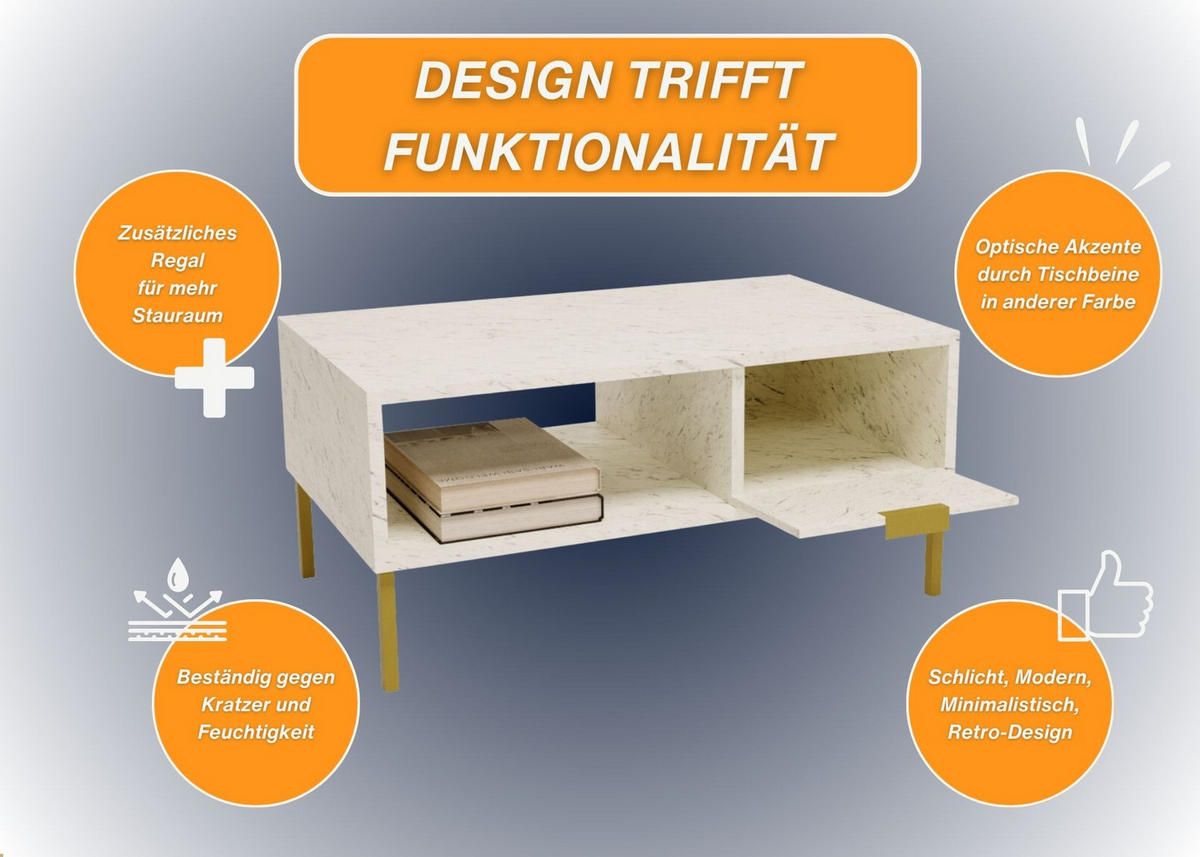 COUCHTISCH mit Stauraum und zusätzlicher Ablagefläche Weiß 92/45/50cm - Goldfarben/Schwarz, Holzwerkstoff (50/92/45cm) - CraftPAK