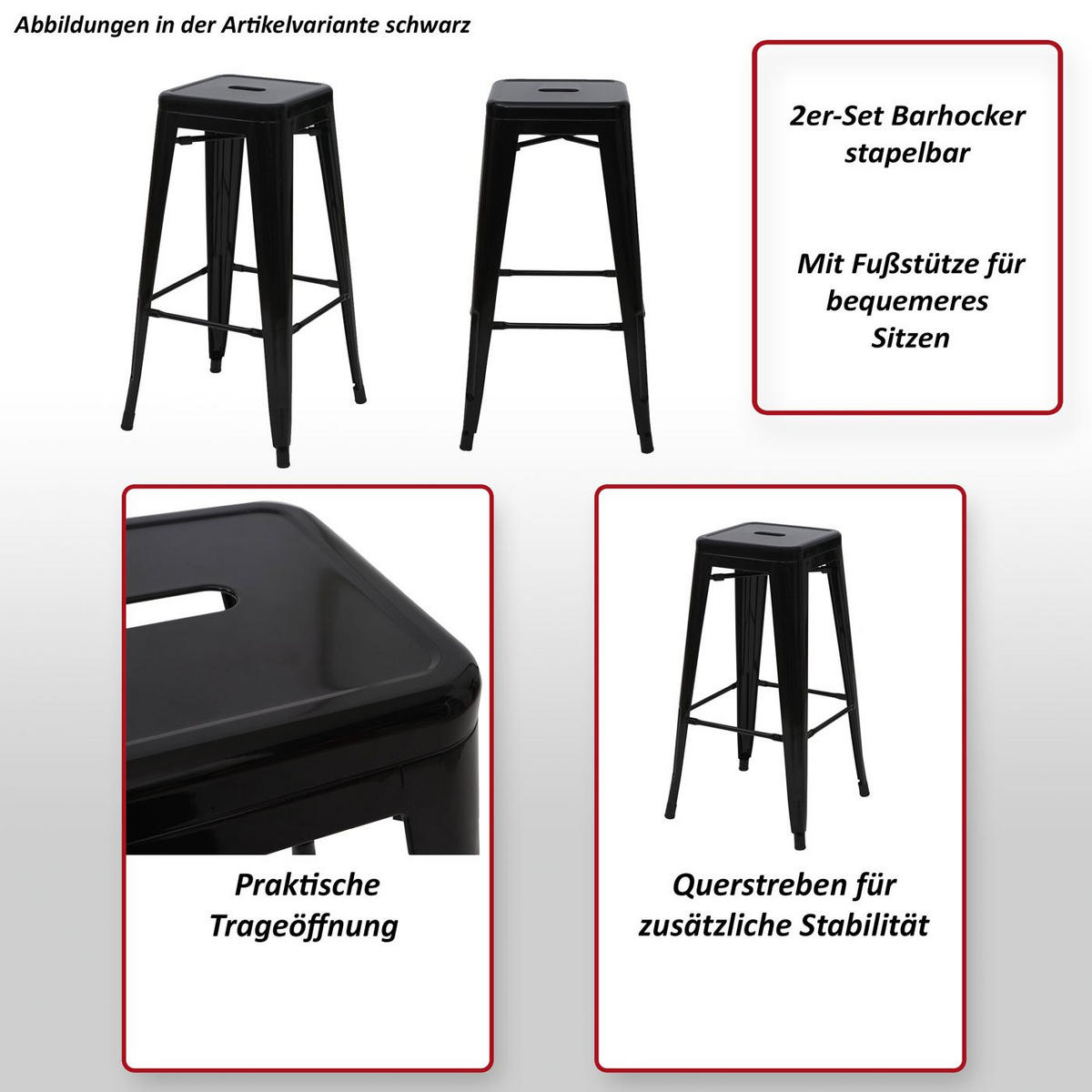 BARHOCKER Schwarz 2er-Set - Schwarz, Metall (43/77/43cm) - MCW