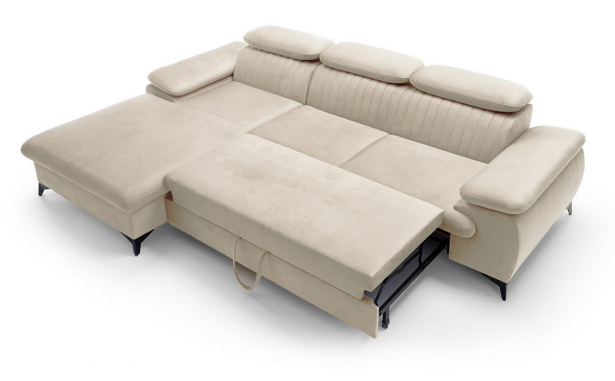 ECKSOFA 280 cm Xanto M, Schlaffunktion, verstellbaren Kopfstützen, Links, Creme - Creme, Holz (280/193cm) - Emporius
