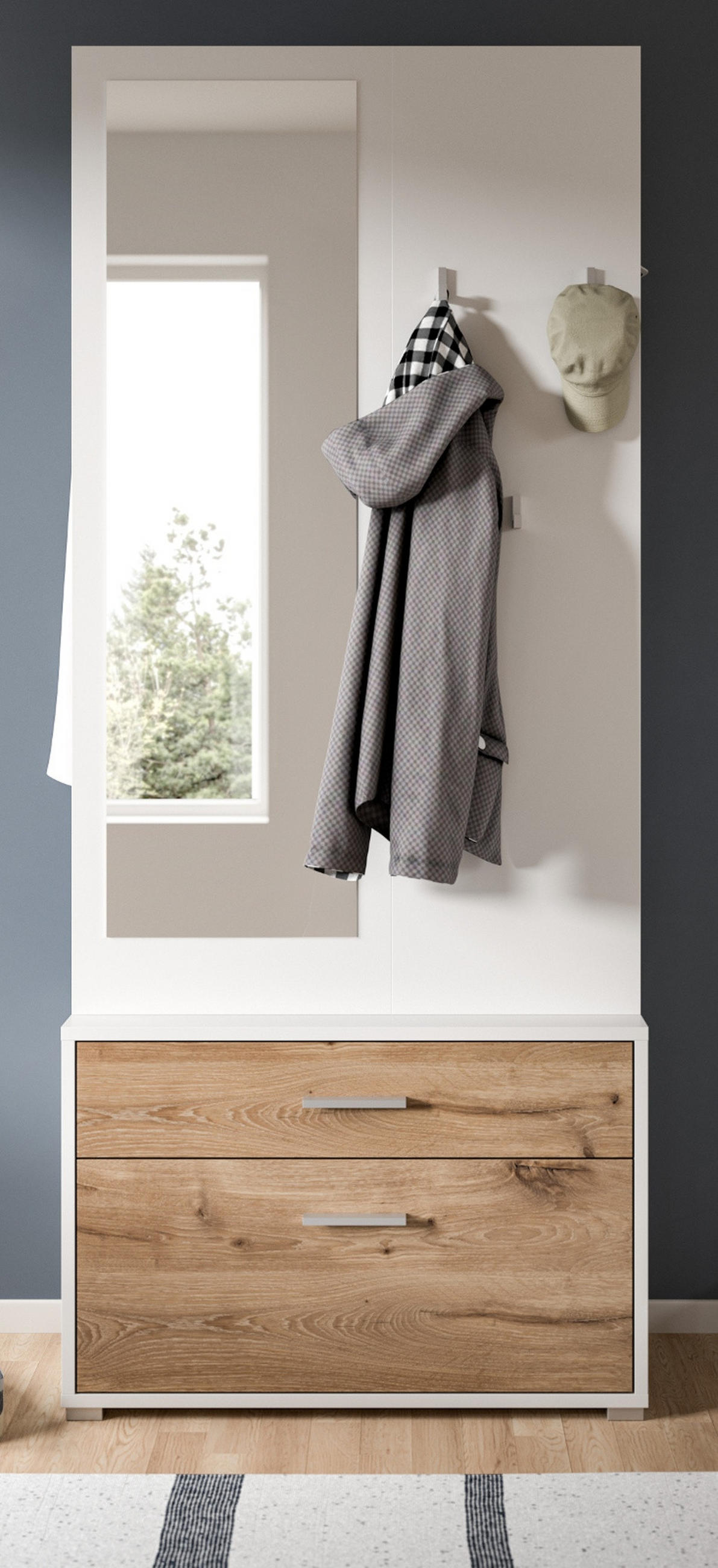 KOMPAKTGARDEROBE weiß, Eiche Nox, Garderobe mit Spiegel 80 x 190 cm - Eichefarben/Silberfarben, Glas/Holzwerkstoff (80/190/38cm) - Inn.Furn