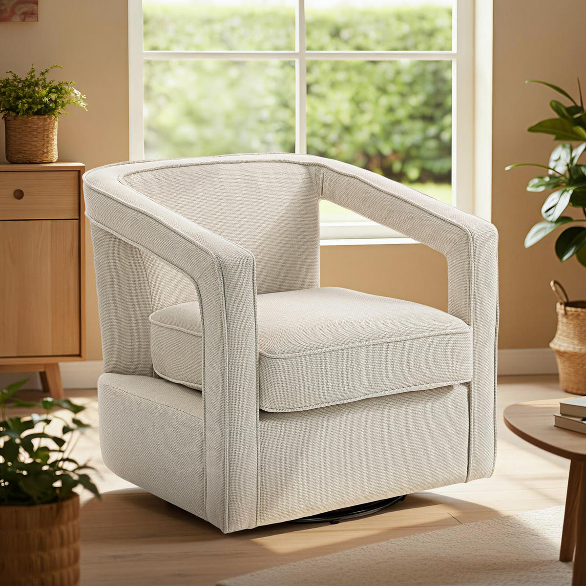 SESSEL Wohnzimmer drehbar Loungesessel mit einteilig Rückenlehne und Armlehnen - Beige/Schwarz, Textil/Metall (75/72/77cm) - HOMCOM