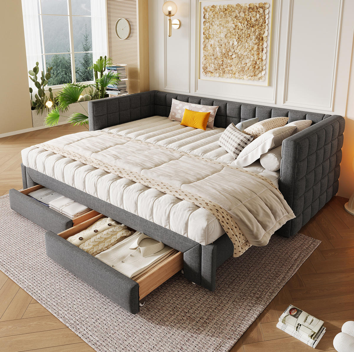 TAGESBETT 90/200 cm aus Samt mit Ausziehfunktion, quadratischer Rückenlehne und 2 Schubladen, Grau - Grau, Textil (90/200cm) - Redom
