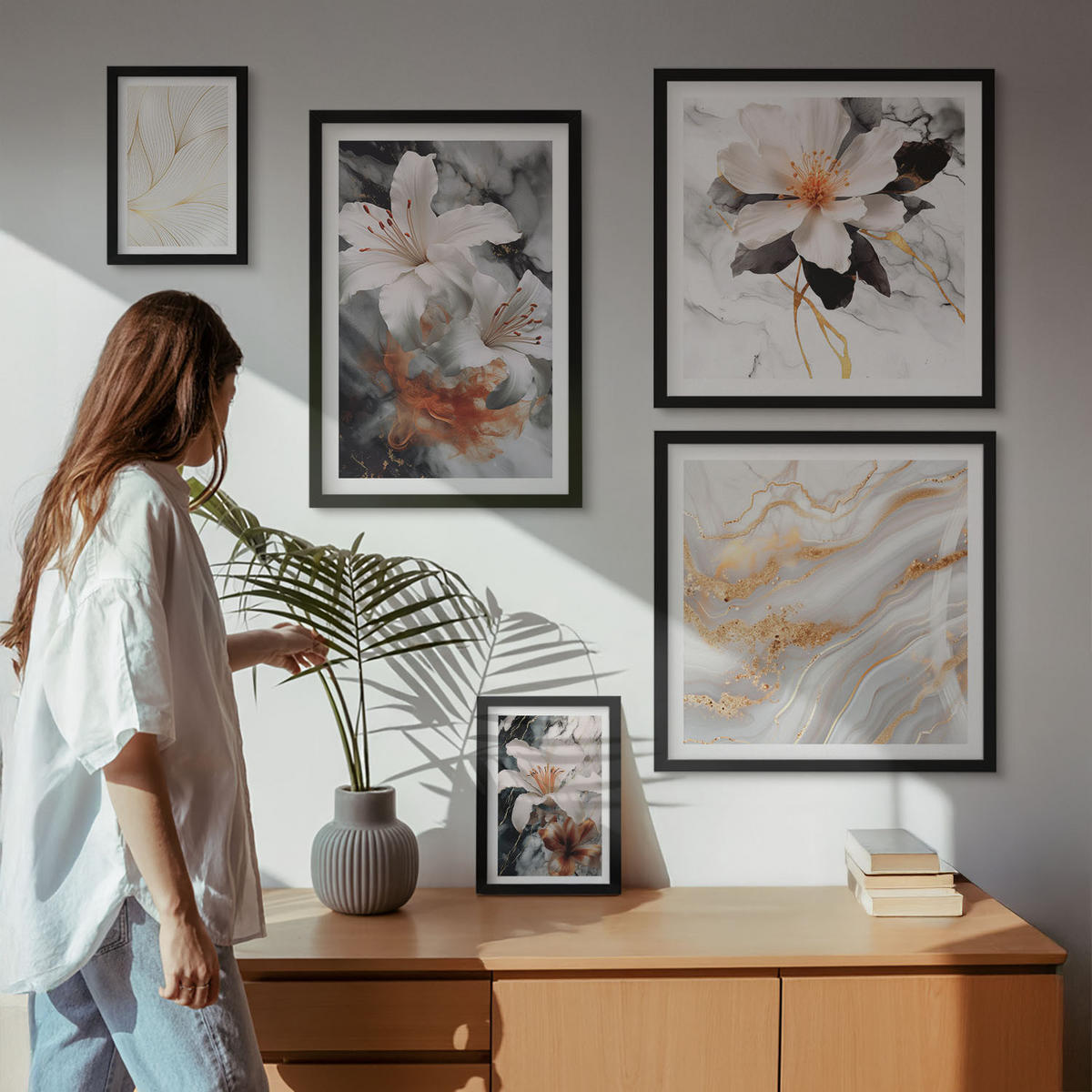 WANDBILDER 5er-Set - 50x50 cm & 20x30 cm & 40x60 cm Schwarzer Rahmen - Blumen Marmor weiß schwarz - Schwarz, Kunststoff (40/60cm) - ArtPrintCave