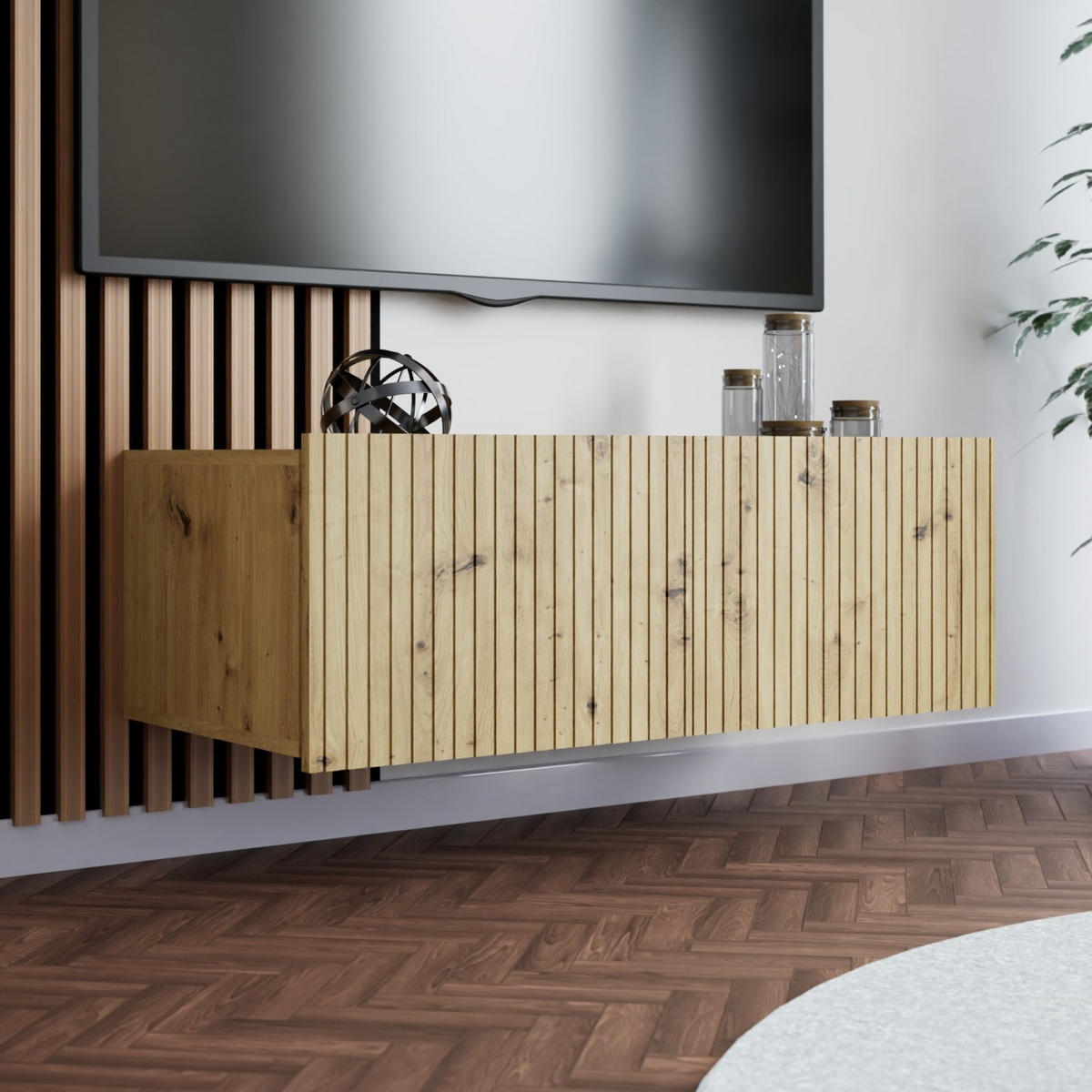 TV-LOWBOARD Kolder 100 cm Artisan Eiche mit geriffelten Fronten - Silberfarben/Eiche Artisan, Holzwerkstoff/Kunststoff (100/38/43cm) - Ravio