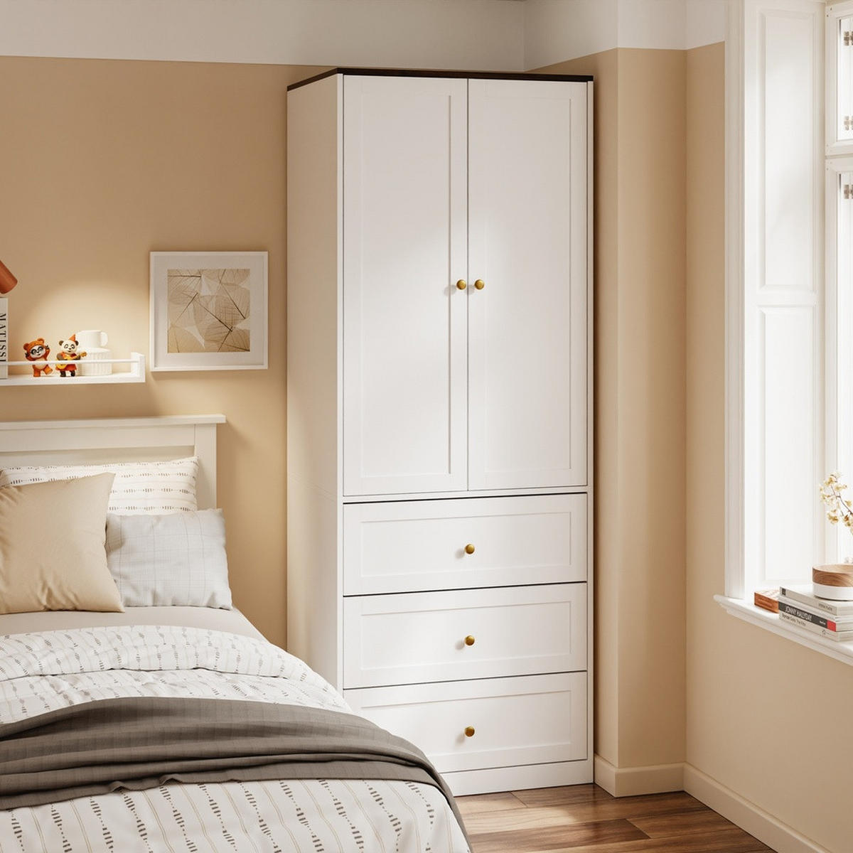 KLEIDERSCHRANK mit 2 Türen, 3 Schubladen und Kleiderstange Weiß 70x55x187cm - Ahornfarben, Fell (70/187/55cm) - SoBuy
