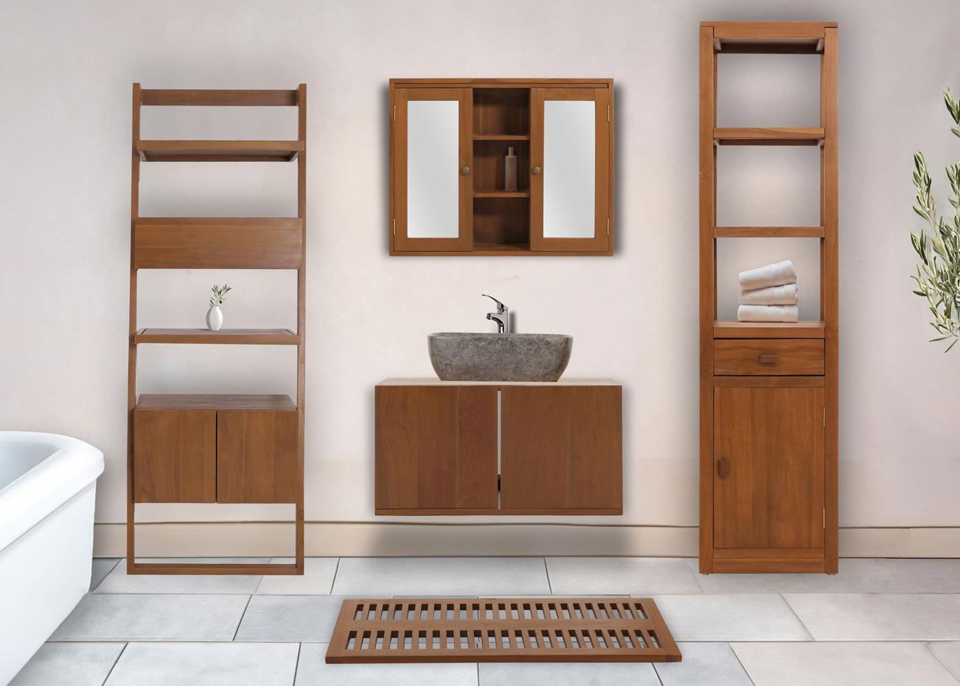 BADEZIMMER-SET Braun 5er-Set - Braun, Holz (180/180/140cm) - MCW