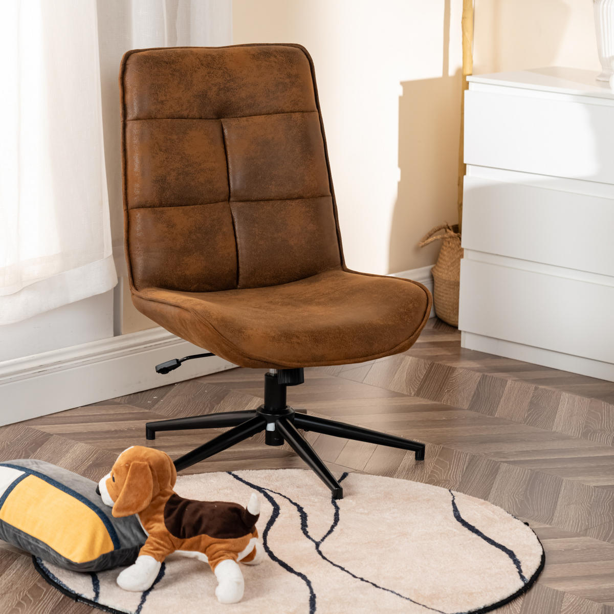 DREHBARER Bürostuhl mit Neigefunktion und Höhenverstellung von 35–41 cm, Braun - Braun, Metall (61/95/67cm) - Meubles Cosy