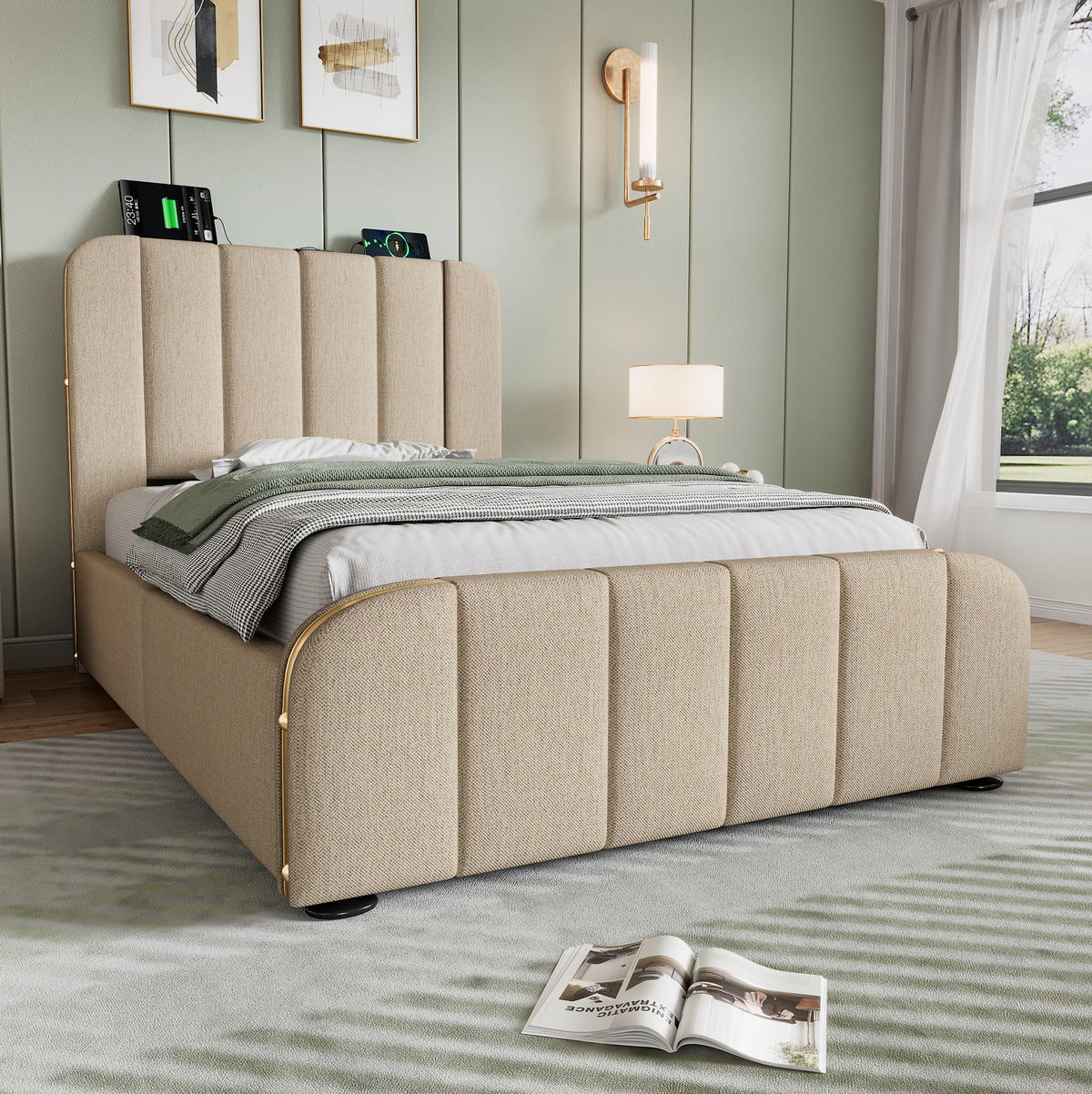 POLSTERBETT 90/200 cm Beige aus Leinen mit Matratze und 4 Schubladen - Beige, Textil (90/200cm) - OKMYHOME