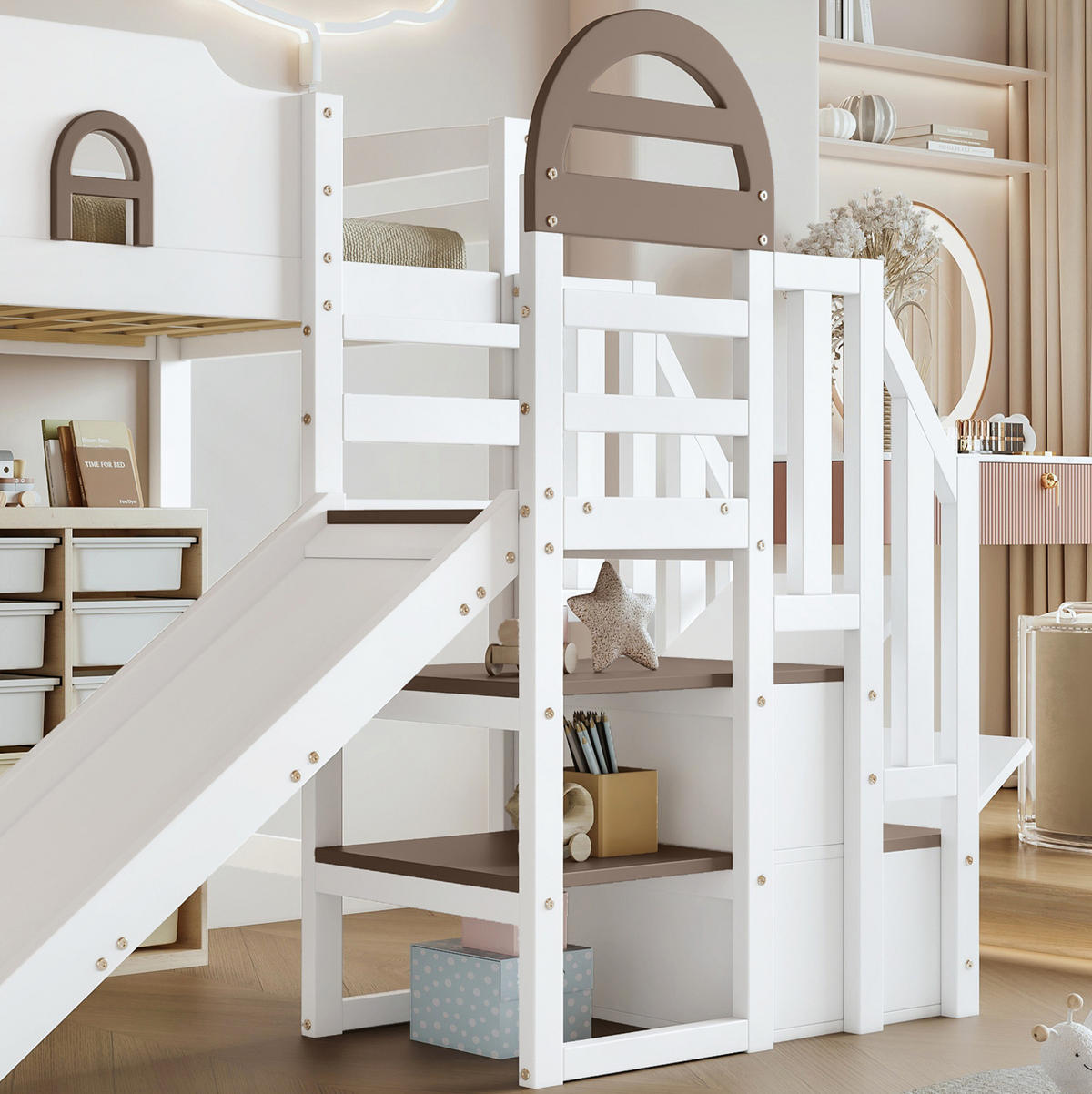 ETAGENBETT aus Kiefer und MDF 90x200 cm Weiß mit Rutsche, Stauraumtreppe und Fenstern - Weiß, Holzwerkstoff (90/200cm) - Modfu
