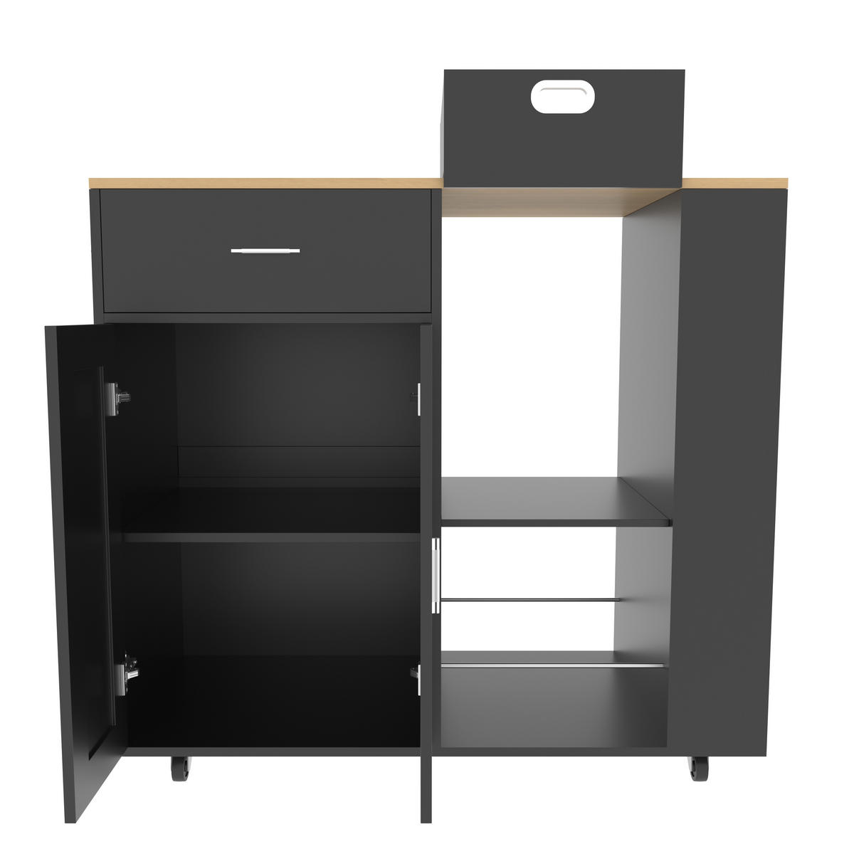 SERVIERWAGEN Kücheninsel mit Eichenplatte und offenem Stauraum, 102x46x92 cm - Schwarz, Holz/Metall (46/92/102cm) - PARAFTA HOME