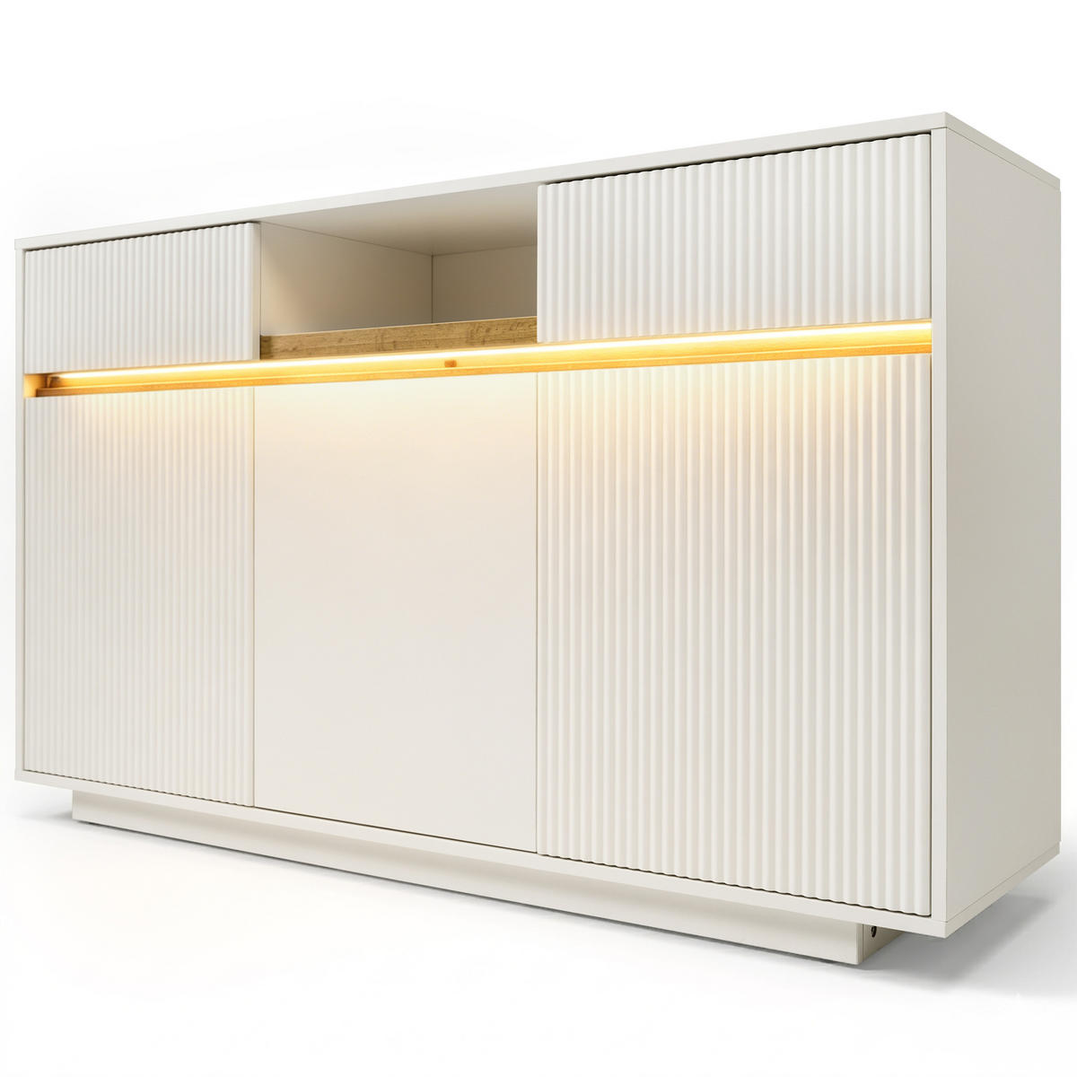 SIDEBOARD aus MDF und Spanplatte 140x40x85 cm Weiß mit LED-Beleuchtung, 2 Schubladen und verstellbaren Einlegeböden - Weiß, Holzwerkstoff (140/85/40cm) - Modfu