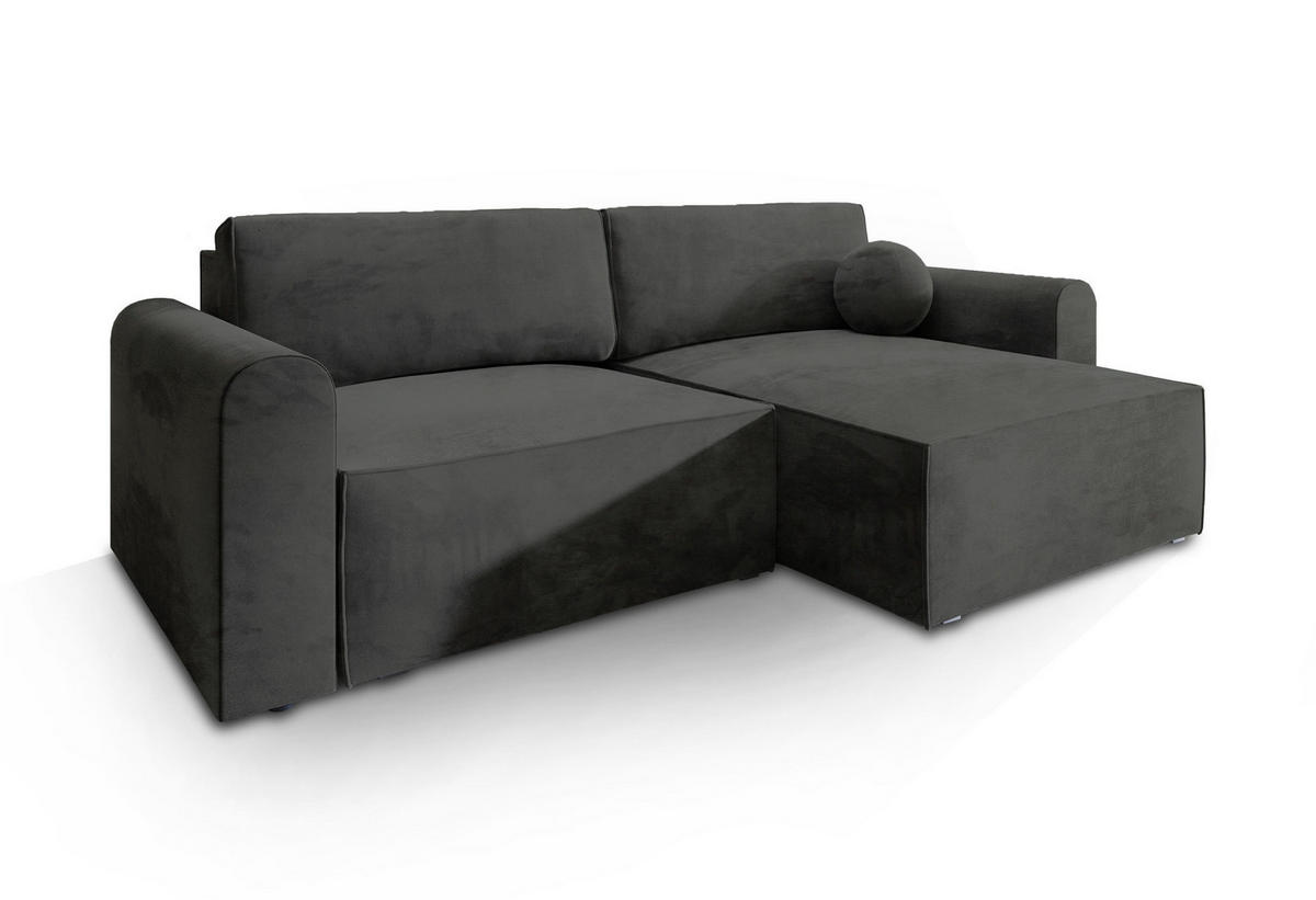ECKSOFA FIANO M Schwarz Velours-Stoff mit Schlaffunktion - Schwarz, Holz (245/148cm) - MASSENO