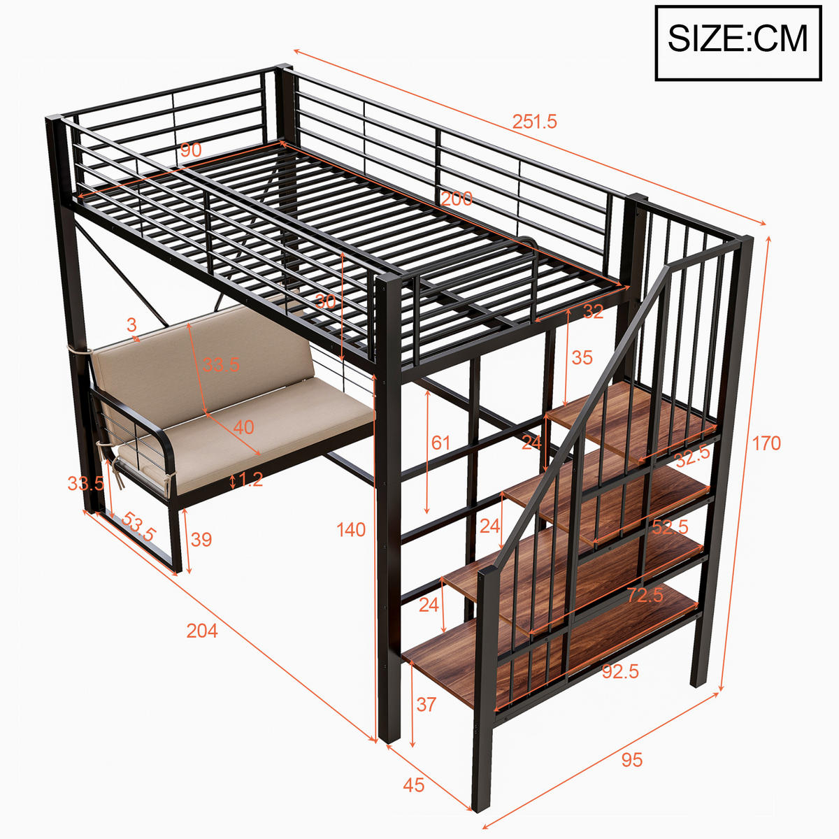 HOCHBETT 90/200 cm DE-01525, in Schwarz, mit Polstersofa, Stauraum und Sicherheitstreppe - Schwarz, Metall (90/200cm) - ComfortXL