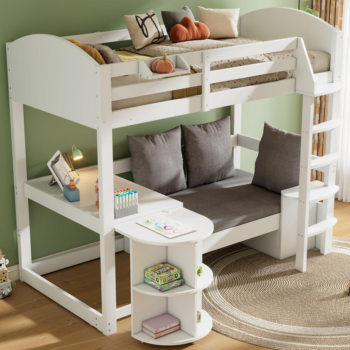 HOCHBETT 90/200 cm aus Massivholz mit Ausziehtisch und Stauraumsofa Weiß - Weiß, Holzwerkstoff (90/200cm) - Modenvie