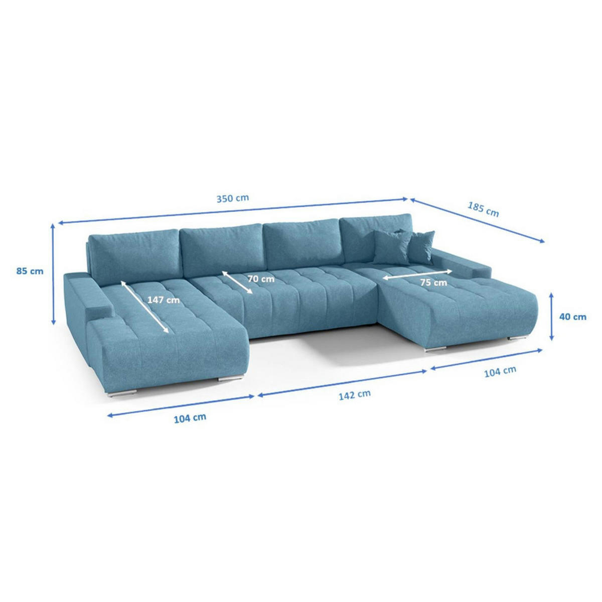 WOHNLANDSCHAFT Draco U Blau - Blau/Silberfarben, Textil/Metall (350/85/185cm) - Beautysofa