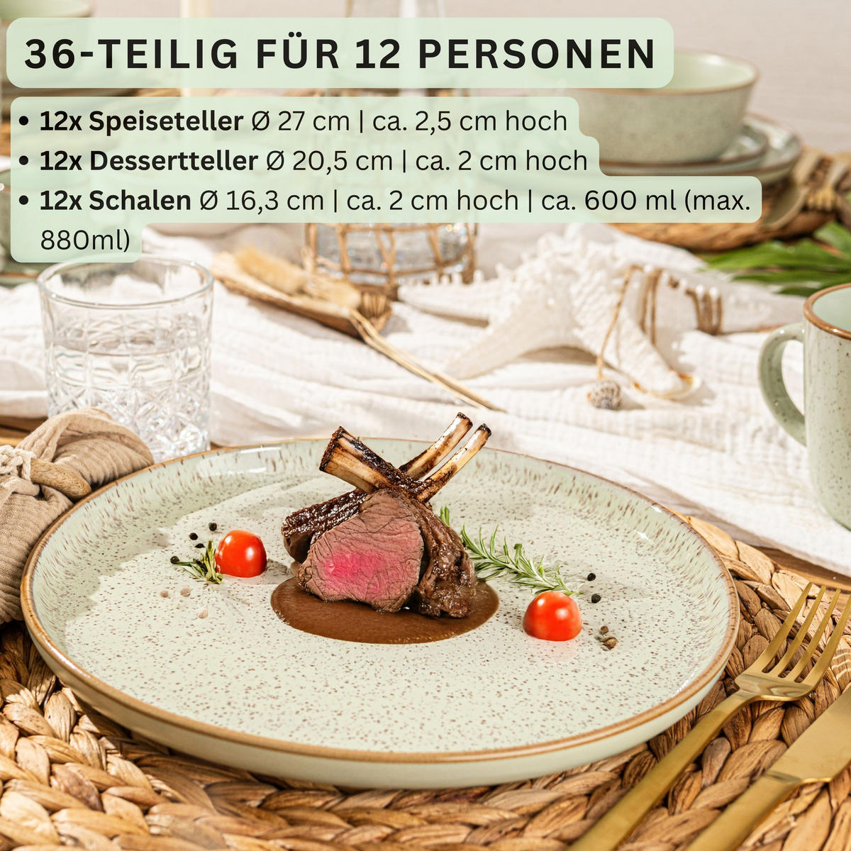 TAFELSERVICE RIO MINZE - 36 teilig aus Steingut 12 Personen - Mintgrün, Stein (50/30/80cm) - Sänger