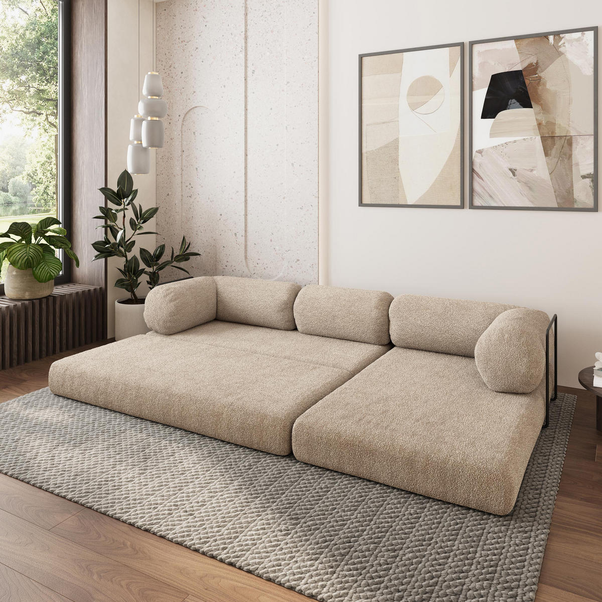 ROHOVÁ SEDAČKA KELI modulární Boneless pohovka s funkcí spaní, béžová QUELLE 05 - béžová, textil (270/160cm) - MASSENO