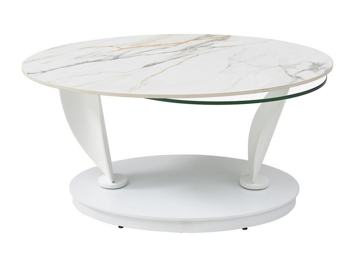COUCHTISCH mit drehbaren Tischplatten - Keramik, Sicherheitsglas & Metall - Marmor-Optik Weiß - MANEYA - Weiß, Glas (150/60/43cm) - Vente-Unique
