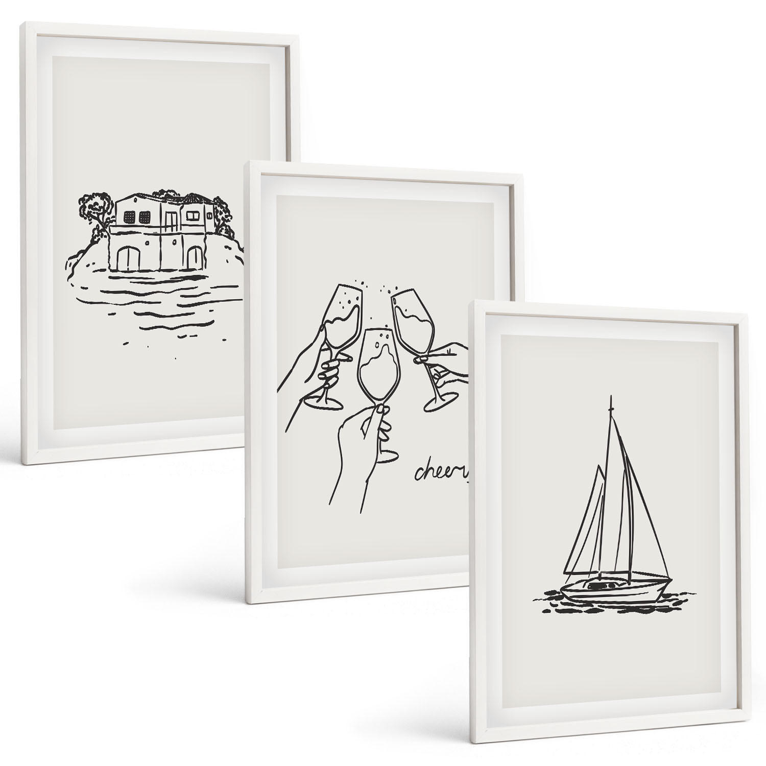 BILDER SET 3er Set - 40x60 cm Weißer Rahmen - Haus am Wasser, Segelboot-Toast - Weiß, Kunststoff (40/60cm) - TULUP