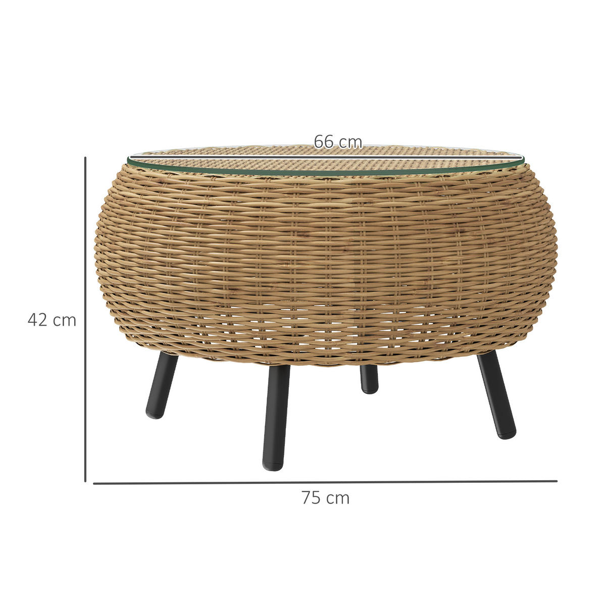 BEISTELLTISCH aus Polyrattan runder Kaffeetisch mit Glas - Braun, Metall (75/75/42cm) - Outsunny
