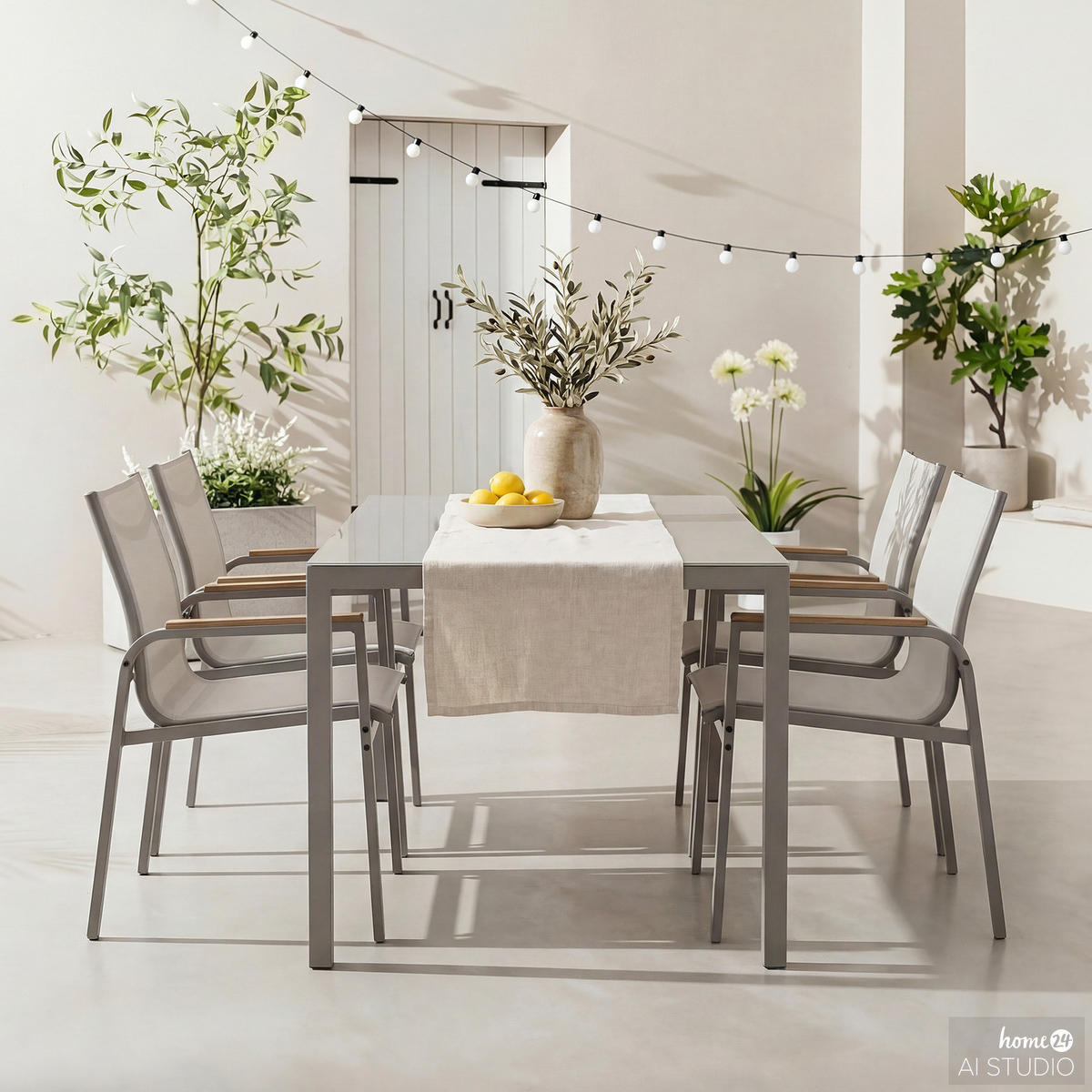 GARTENESSGRUPPE - 5-teilig - Stahl / Glas / Olefin - Taupe, Glas/Textil - home24