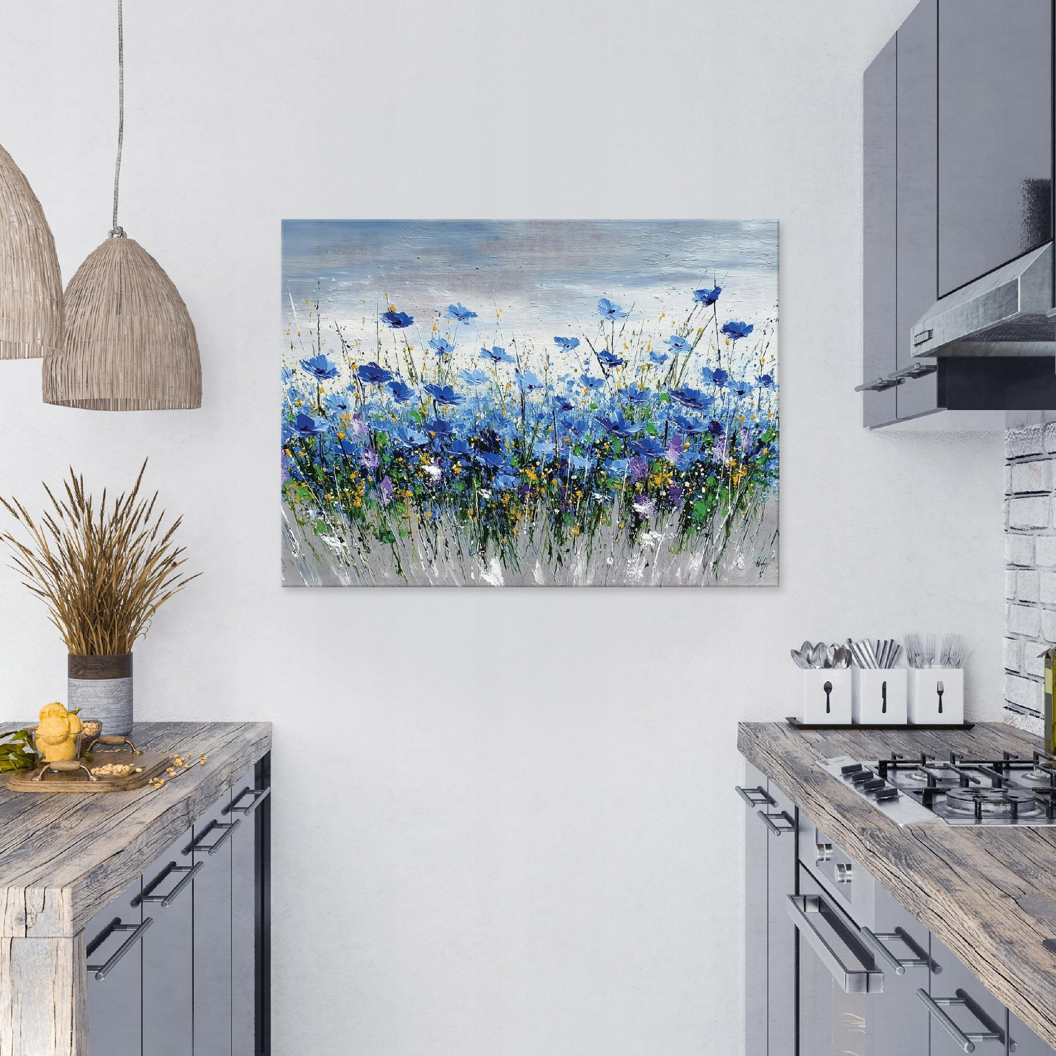 LEINWANDBILD Blumen Aquarell Blau 100x70 cm - Multicolor, Holzwerkstoff (100/70cm) - Wallarena
