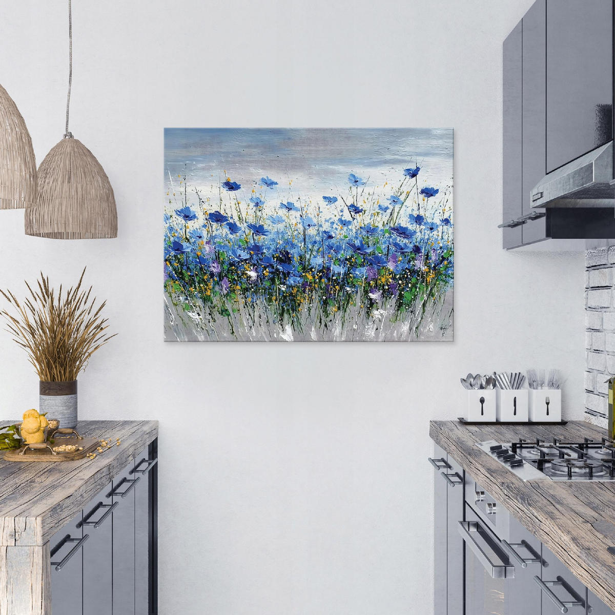 LEINWANDBILD Blumen Aquarell Blau 100x70 cm - Multicolor, Holzwerkstoff (100/70cm) - Wallarena