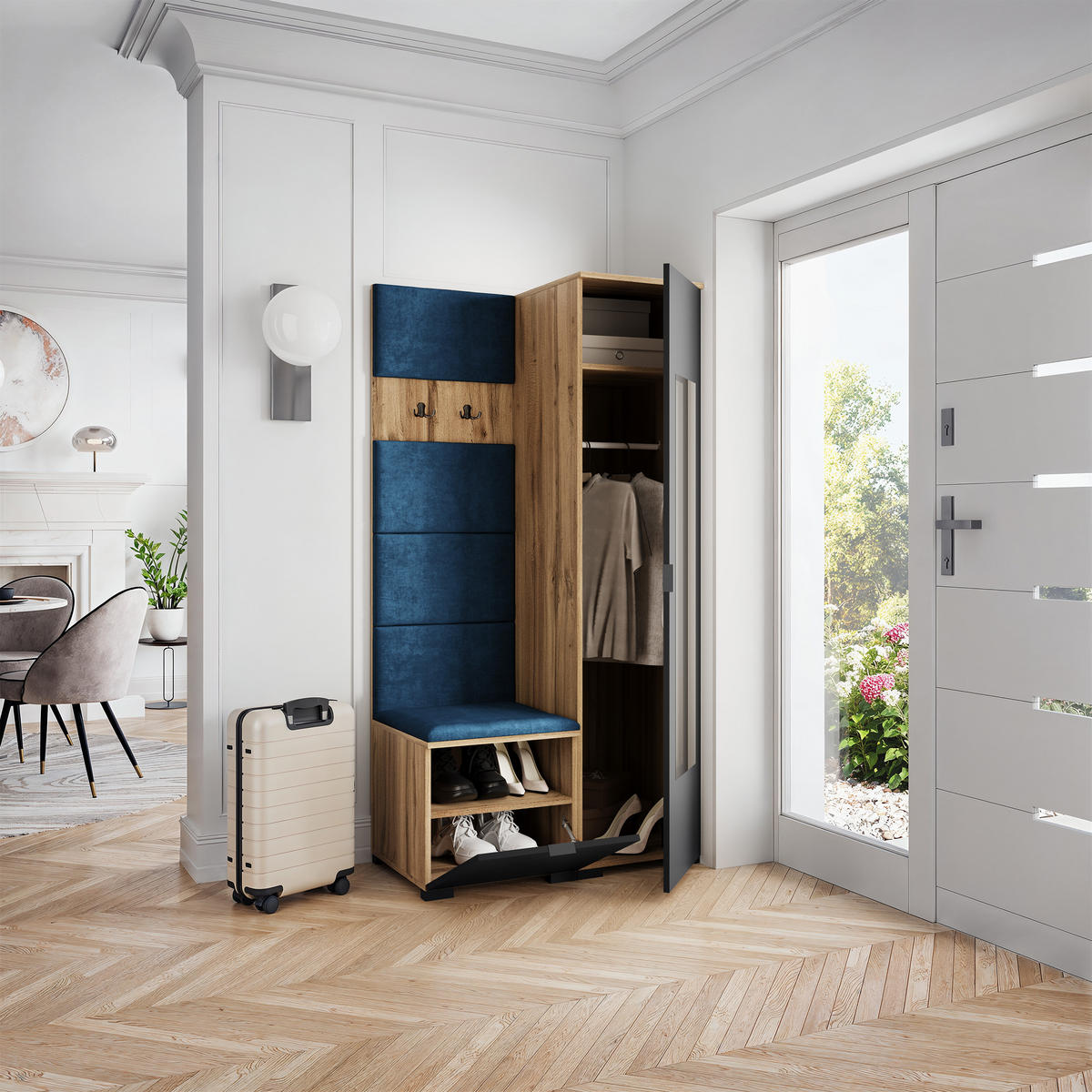 GARDEROBENSCHRANK VIRA 95/181/51 cm Modern Garderobe-Set Eiche Wotan - Blau/Eiche Wotan, Holzwerkstoff (95/181/51cm) - MASSENO