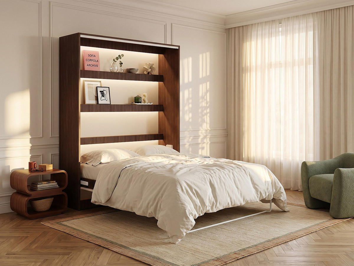SCHRANKBETT - 2 Personen - holz - naturfarben dunkel, beige Rapili - Beige/Naturfarben, Holz/Metall (160/200cm) - Vente-Unique