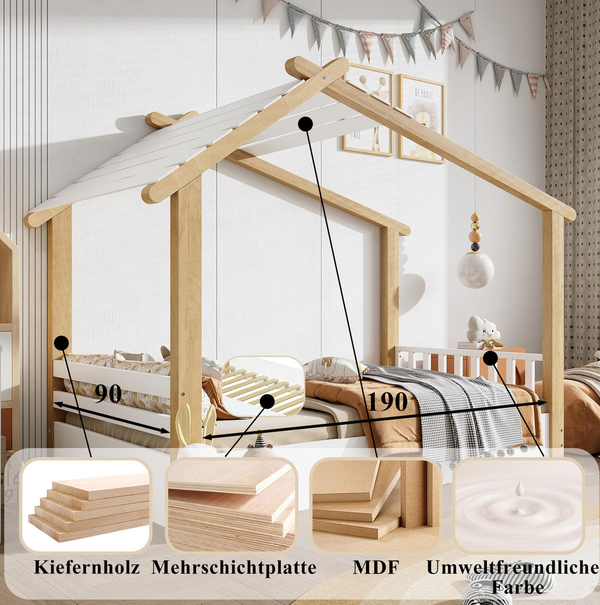 KINDERBETT 90/190 cm in Weiß/Natur im Holzhausdesign mit Lattenrost - Weiß, Holz (90/200cm) - Flora Grace