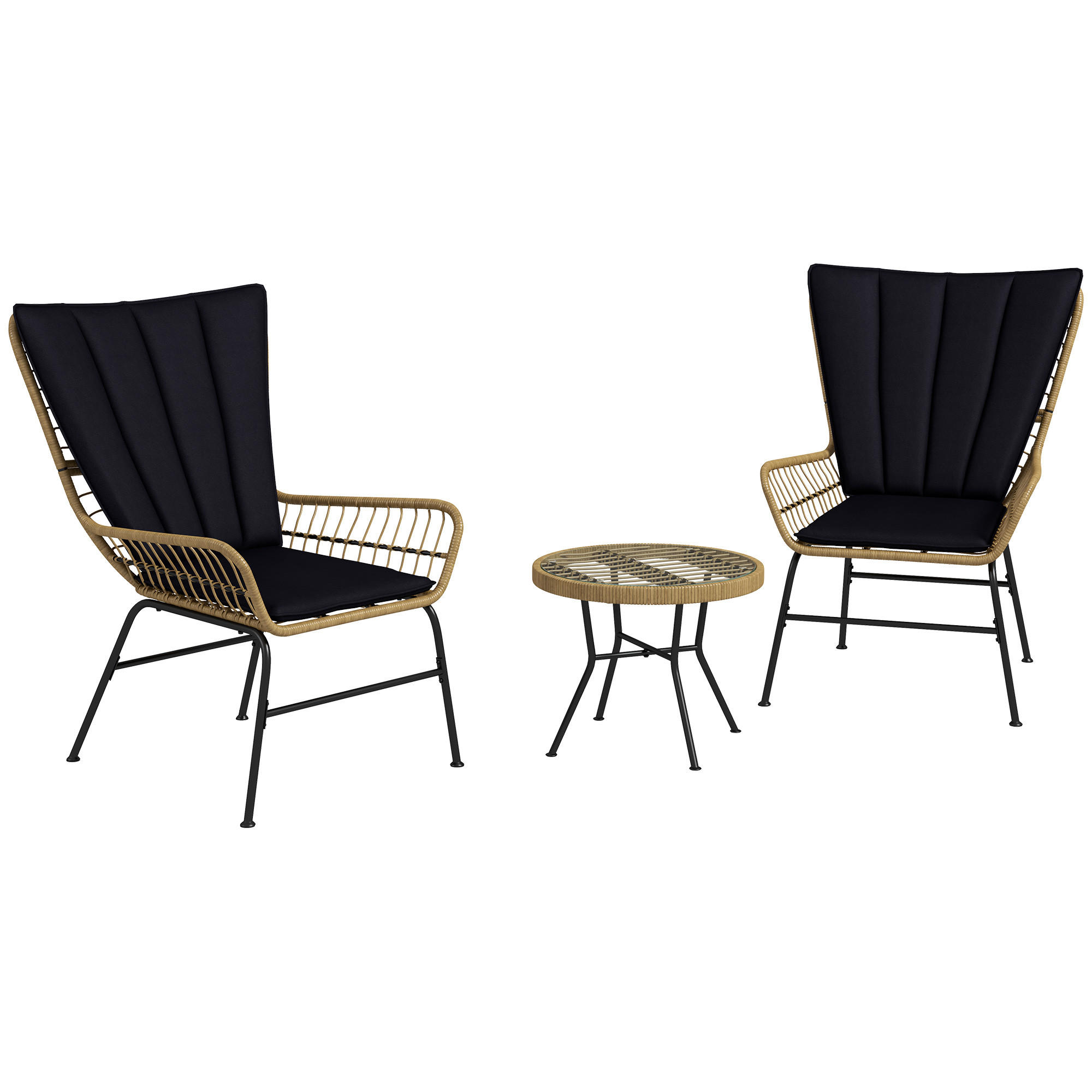 GARTENMÖBEL-SET mit 2 Stühlen, für Balkon, Terrasse, Natur+Schwarz - Schwarz, Kunststoff - Outsunny