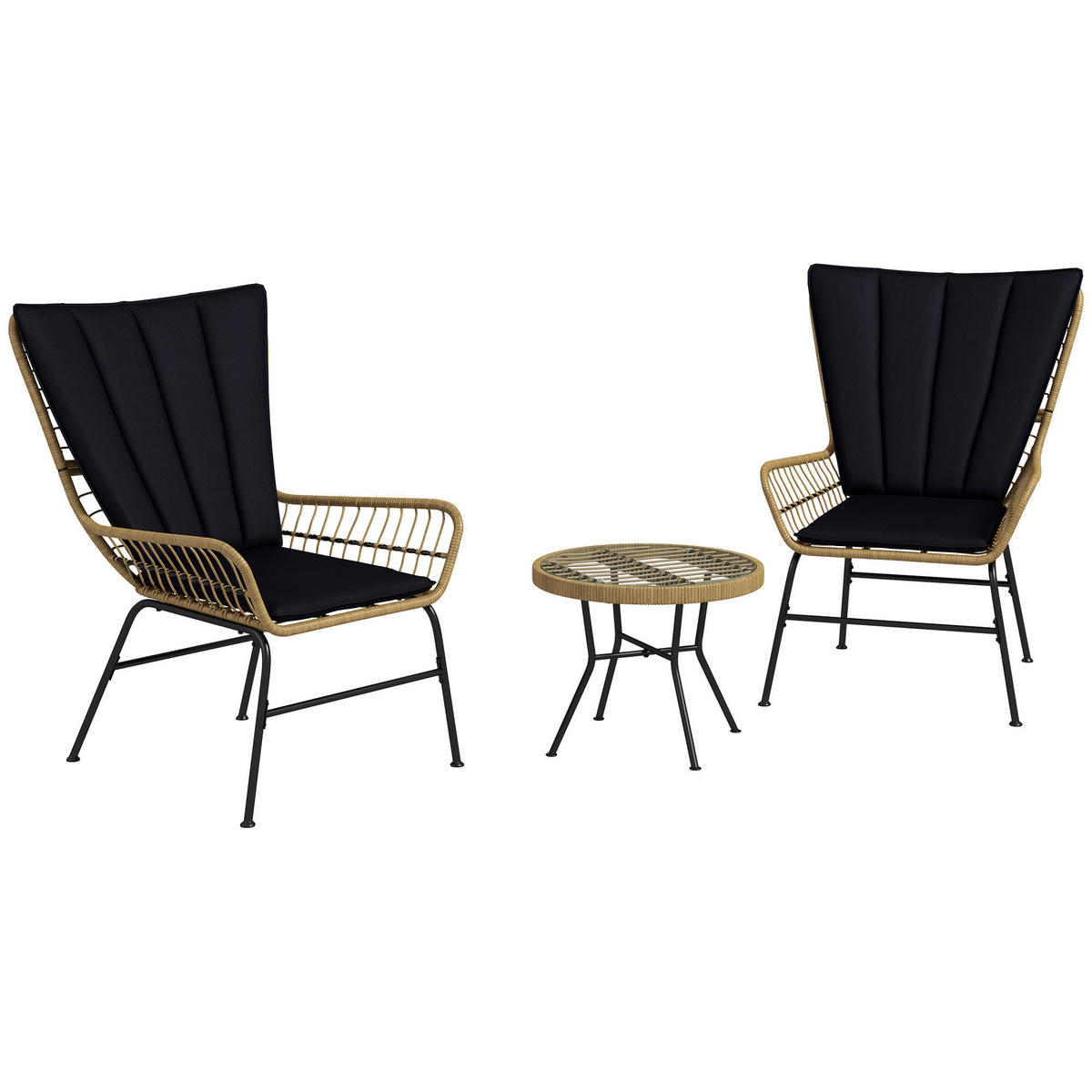 GARTENMÖBEL-SET mit 2 Stühlen, für Balkon, Terrasse, Natur+Schwarz - Schwarz, Kunststoff - Outsunny