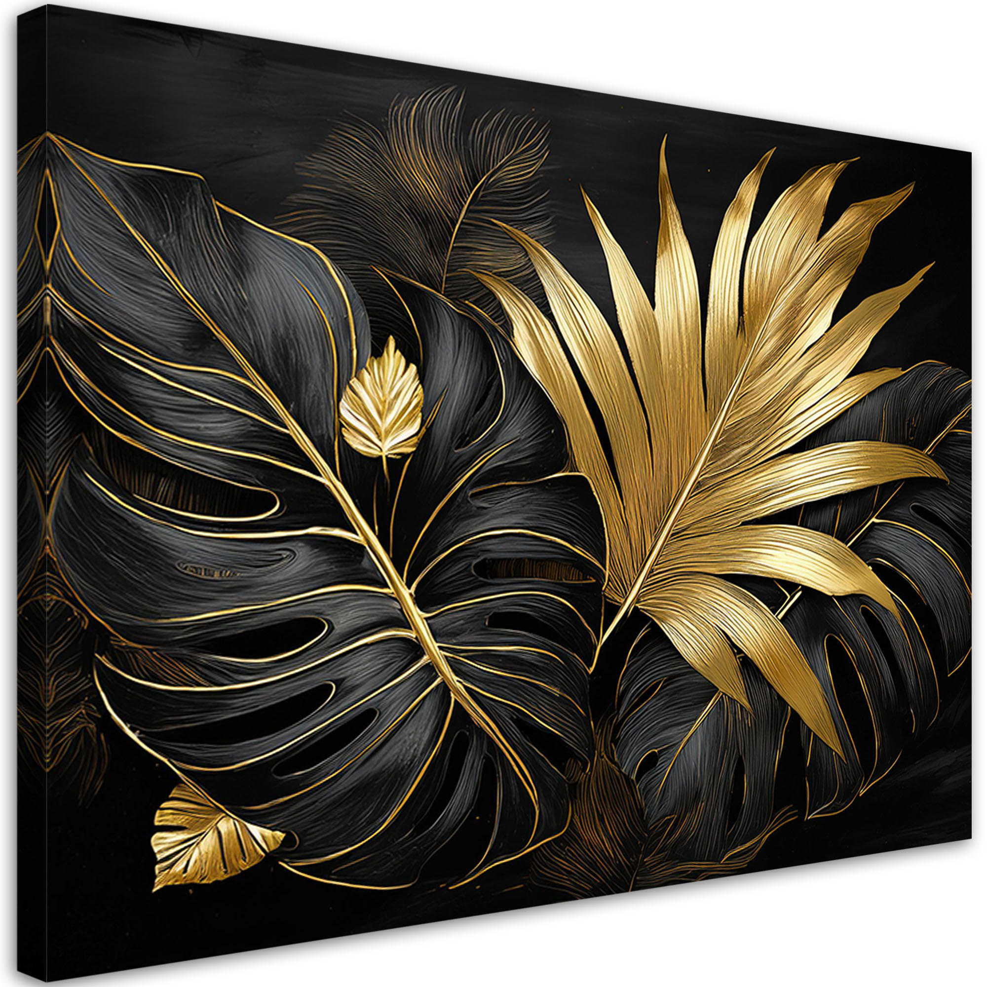 WANDBILD schwarze und goldene monstera blätter - Schwarz, Textil (120/80cm) - Feeby