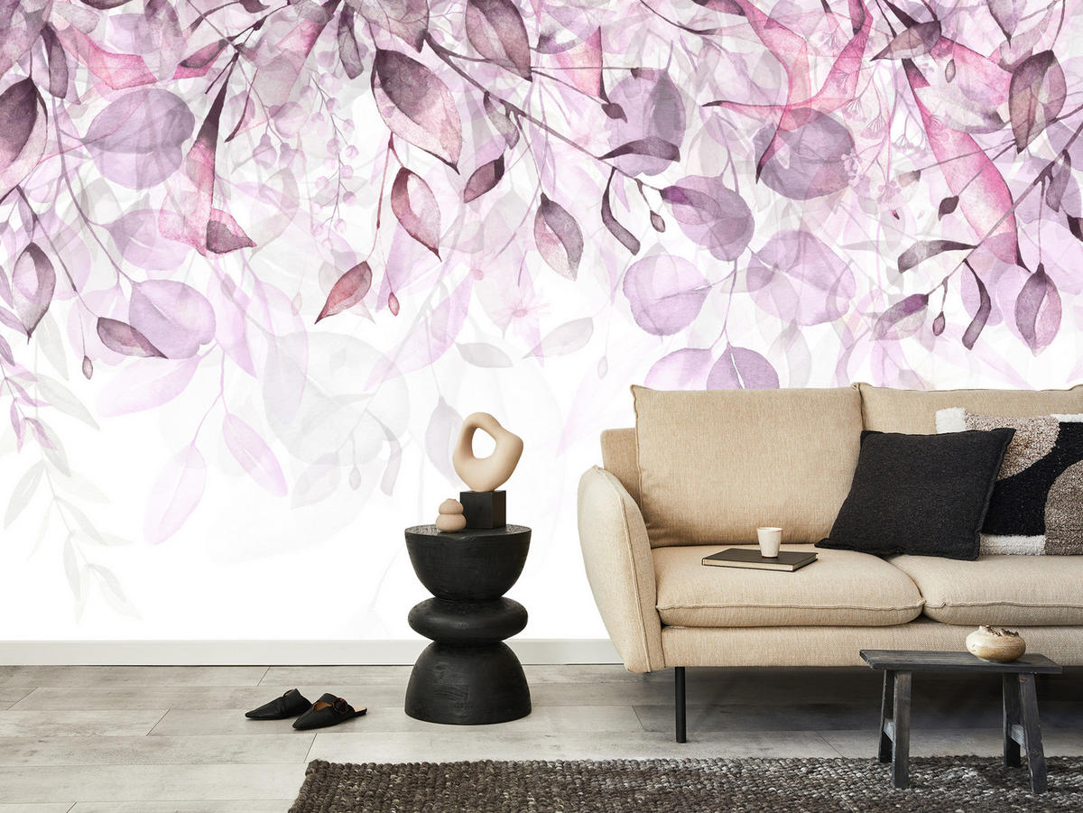 FOTOTAPETE für Schlafzimmer Aquarell Zarte Rosa Blätter Botanisch 450x315 - Violett/Weiß, Papier (450/315cm) - Muralo