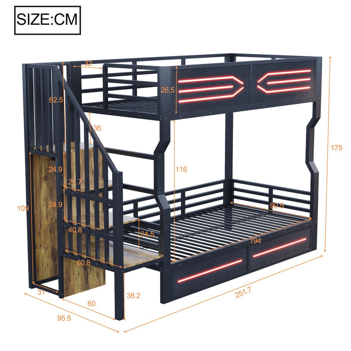 HOCHBETT 90/200 cm in Schwarz Jugendbett mit Treppe, Stauraum und LED Metall-Design - Schwarz, Holzwerkstoff/Metall (90/200cm) - STILVORA