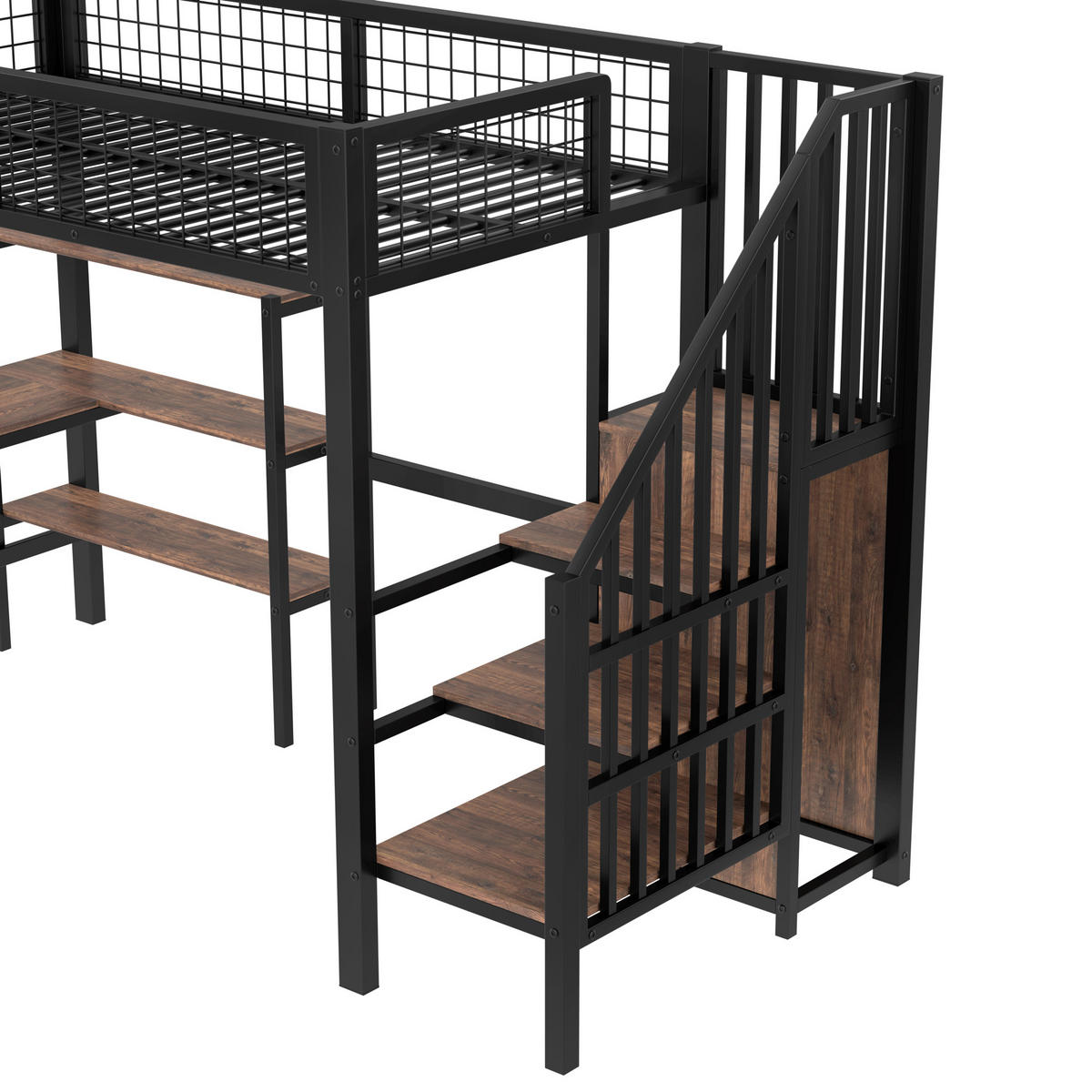 HOCHBETT 90/200 cm in Schwarz & Braun mit Schreibtisch, Regal und Kleiderschrank im Loft-Design - Schwarz, Holz/Metall (90/200cm) - STILVORA