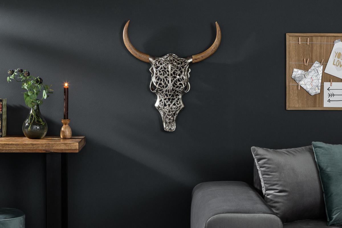 WANDDEKORATION EXOTIC BULL Mango Silber 60 cm - Silberfarben, Holz/Metall (51/57/11cm) - riess-ambiente