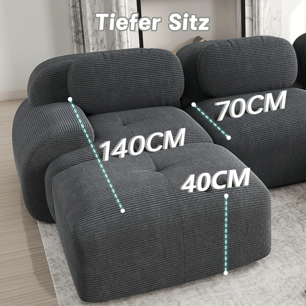 3-STIZER Sofa rahmenlos mit 32D-Hochdichteschaum, geschwungenen Armlehnen und Cordstoff, Grau - Grau, Textil (298/75/178cm) - Redom