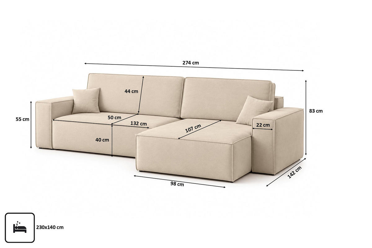ECKSOFA L-Form Mit Schlaffunktion Und Bettkasten, Veloursstoff Bluvel, Creme, Rechts, BEST XL - Creme, Holz (274/142cm) - Kaiser Möbel