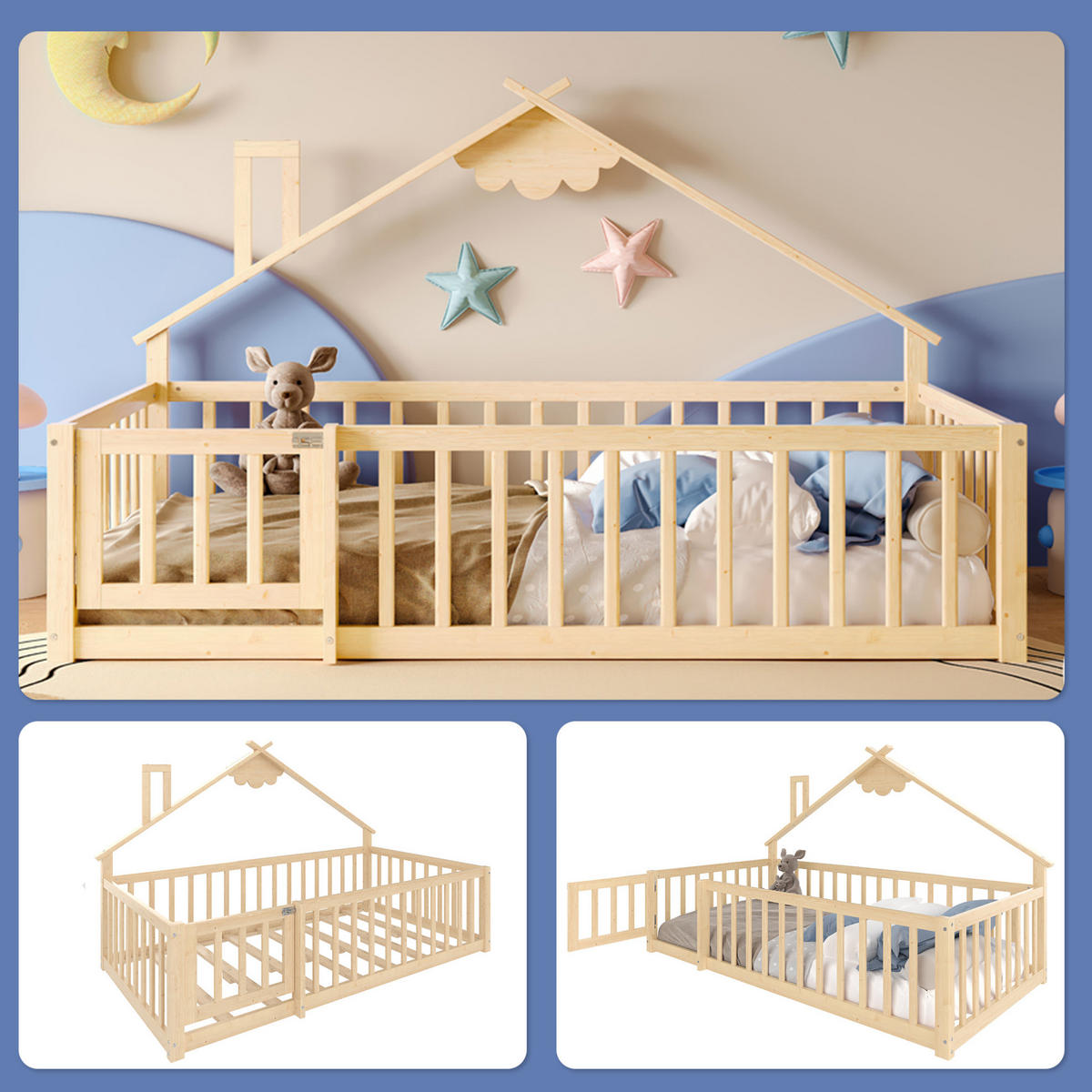 POLSTERBETT aus Kiefer und MDF 90x190 cm Natur mit Hausrahmen und Sicherheitsgeländer mit Schloss - Naturfarben, Holzwerkstoff (90/190cm) - Modfu