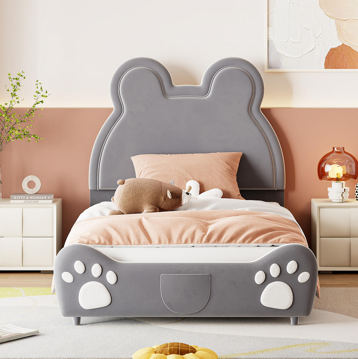 POLSTERBETT 90/200 cm Bärenform grau aus Samt - Grau, Textil (90/200cm) - OKWISH