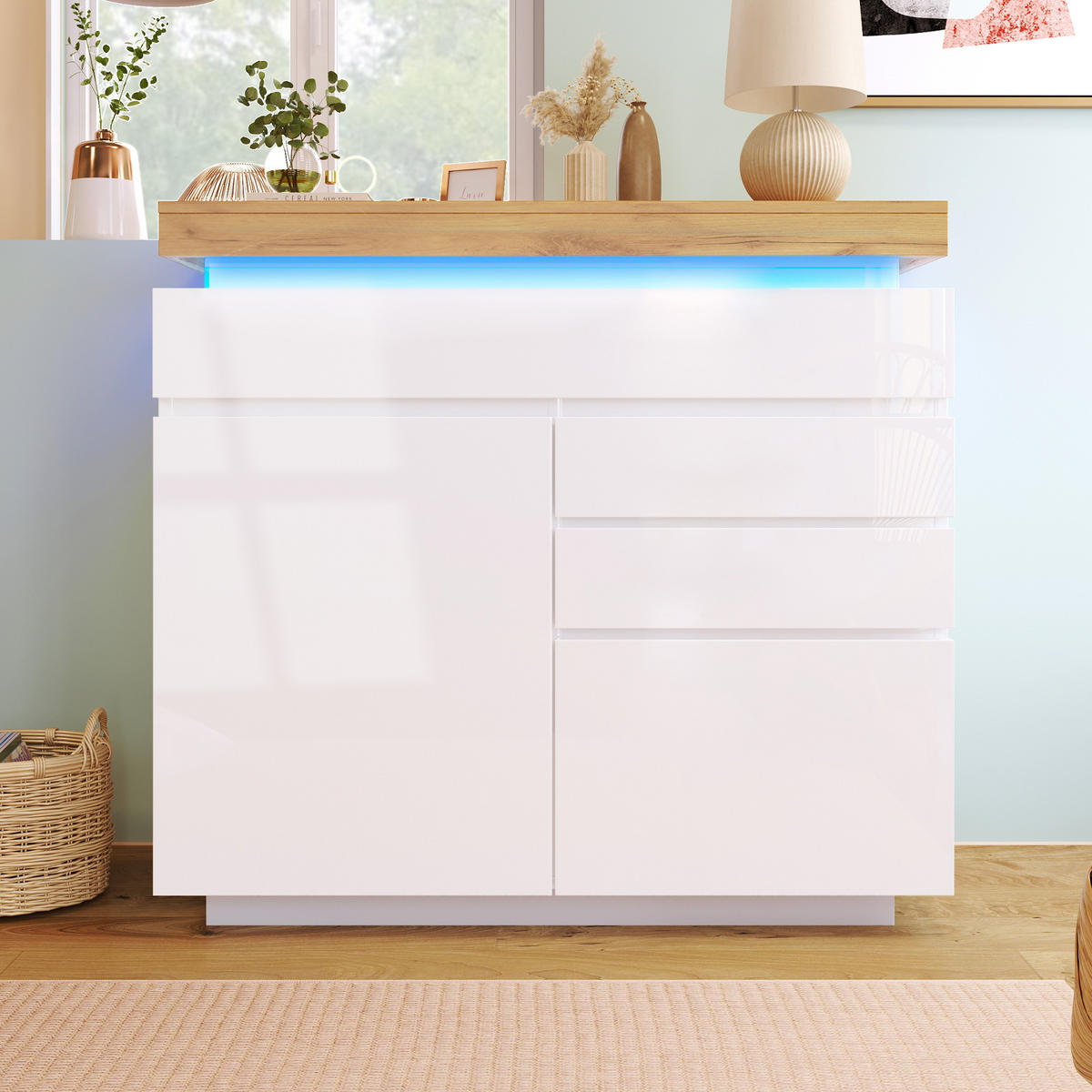 SIDEBOARD in Weiß Hochglanz Sideboard mit Schubladen und LED für Wohnzimmer und Schlafzimmer, B110/T39/H115 cm - Weiß, Holzwerkstoff (110/115/39cm) - STILVORA