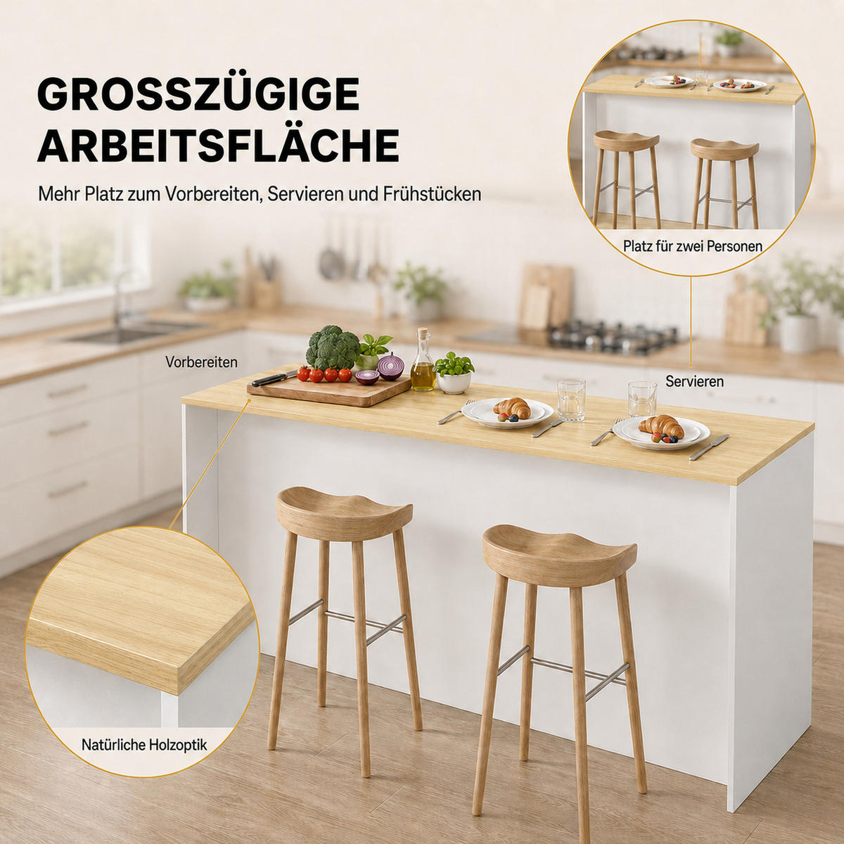 KÜCHENINSEL DE-41097 135/55/91 cm mit LED-Beleuchtung Weiß - Weiß, Holzwerkstoff (135/91/55cm) - ComfortXL
