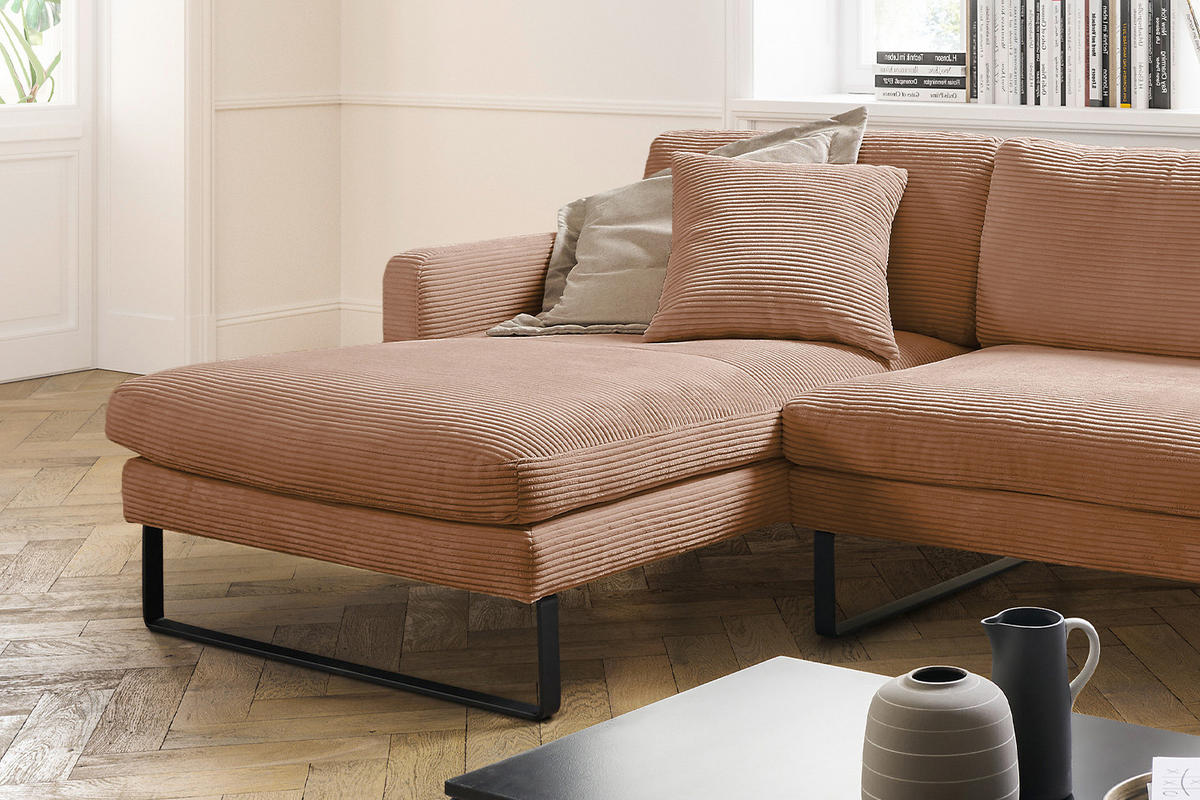 ECKSOFA RICARDA Braun Cord - Dunkelbraun/Schwarz, Textil/Metall (298/154cm) - KAWOLA